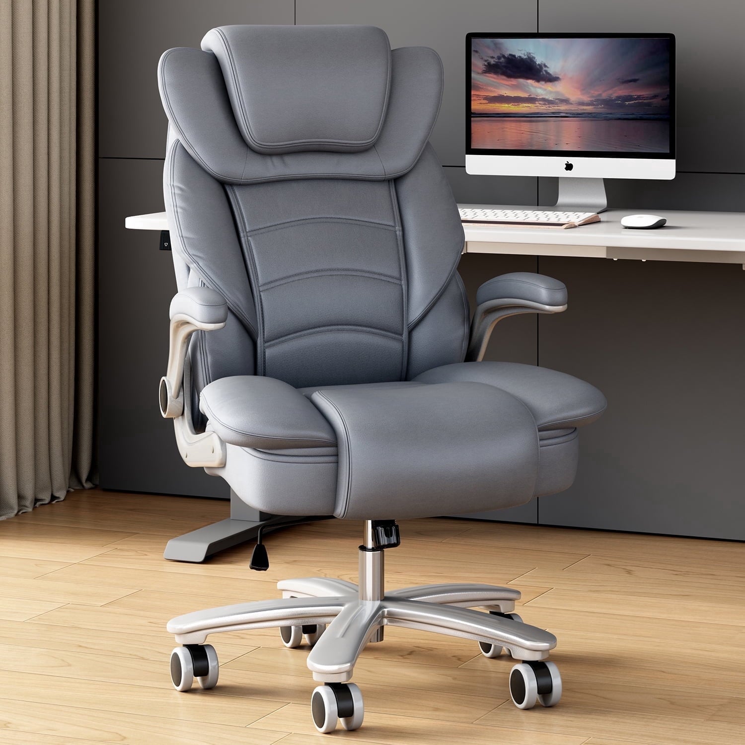 Ninecer Big and Tall Office Chair 400lb Wide Seat, Ergonomic High Back Leather Executive Desk Chair, Computer Chair with Flip-up Arms, Black