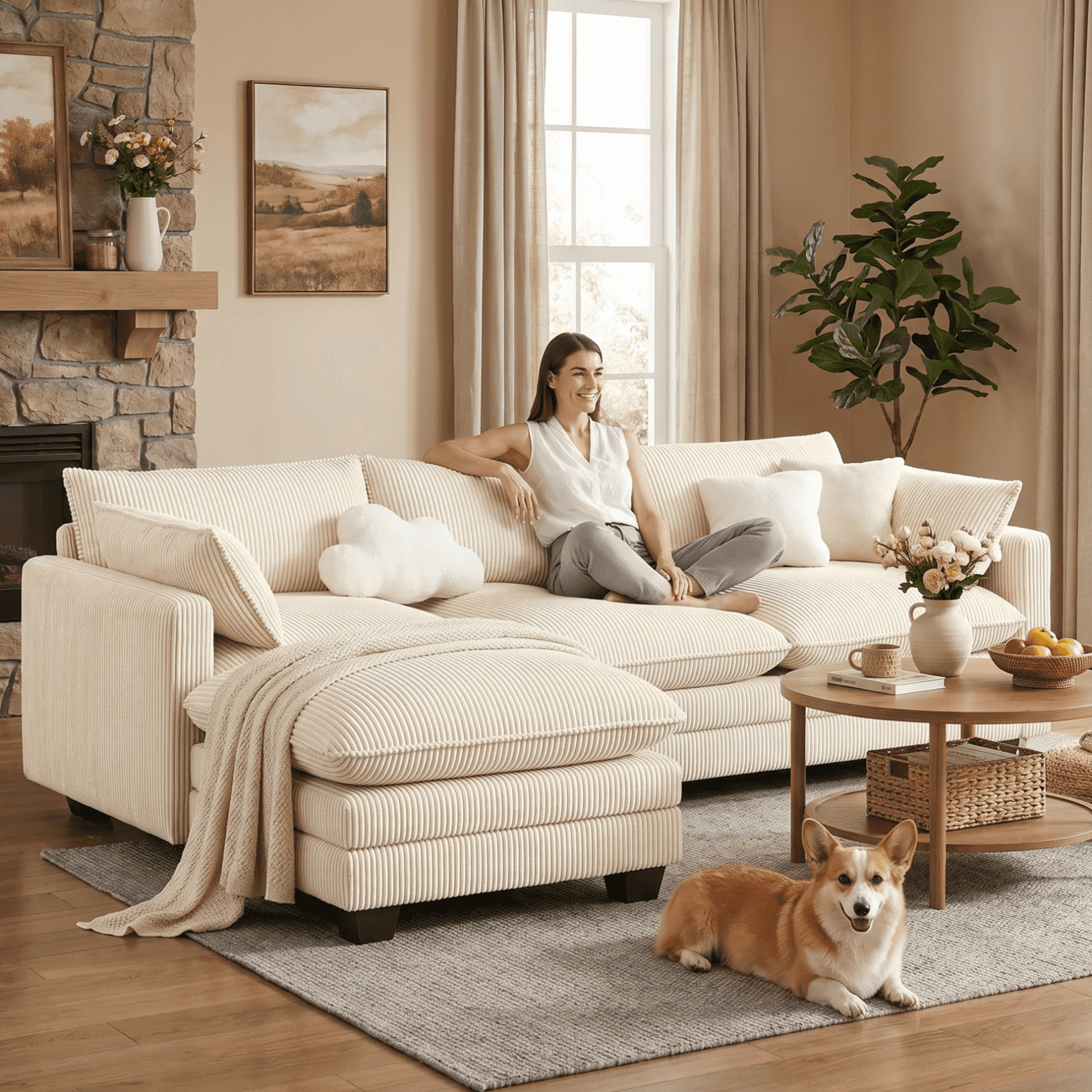 110'' Oversized L Shaped Couch for Living Room, Cloud Couches with Washable Corduroy Cover, Modern 4-Seater Comfy Deep-Seat Sofa with Movable Ottoman and 2 Throw Pillows for Apartment, Gray