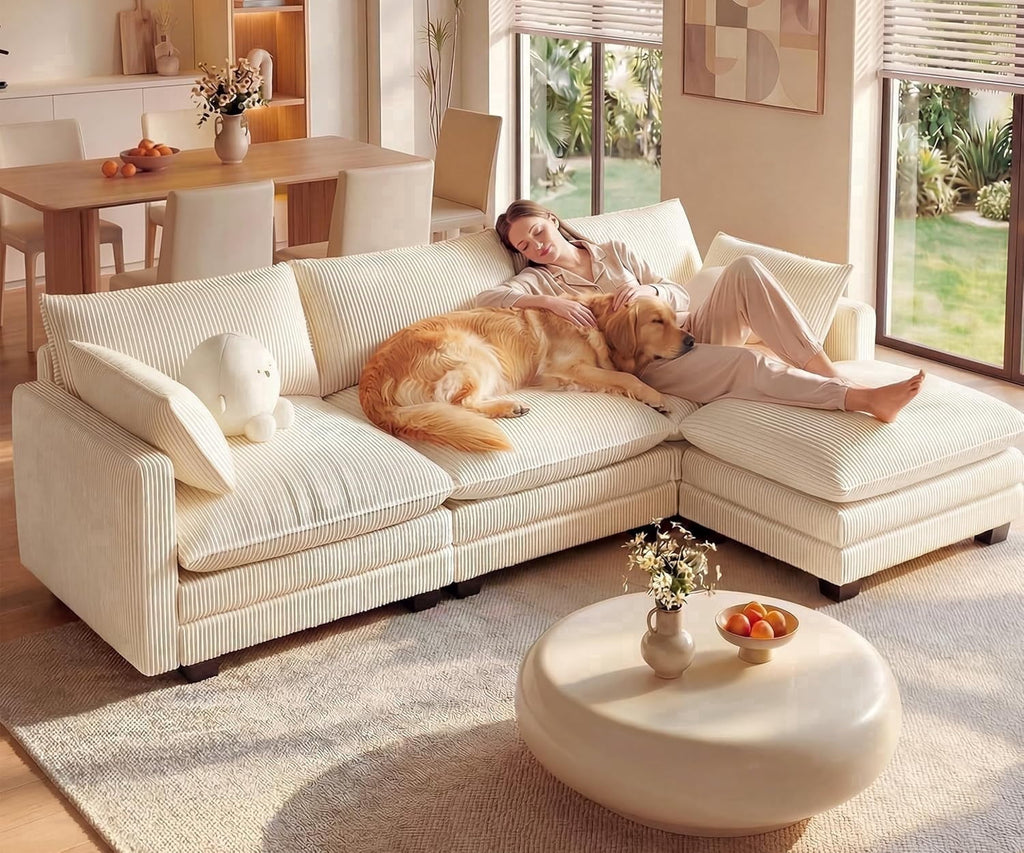 Noelse 110'' Oversized L Shaped Couch for Living Room, Cloud Couches with Washable Corduroy Cover, Modern 4-Seater Comfy Deep-Seat Sofa with Movable Ottoman and 2 Throw Pillows for Apartment, Beige