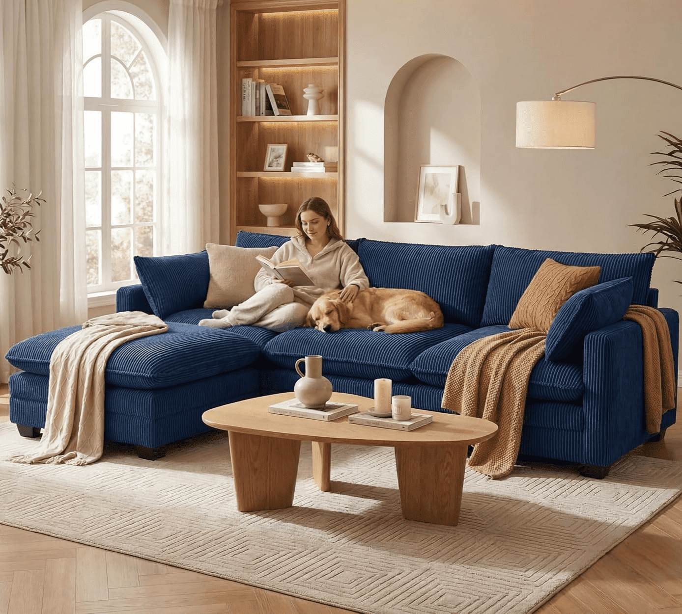 110'' Oversized L Shaped Couch for Living Room, Cloud Couches with Washable Corduroy Cover, Modern 4-Seater Comfy Deep-Seat Sofa with Movable Ottoman and 2 Throw Pillows for Apartment, Gray