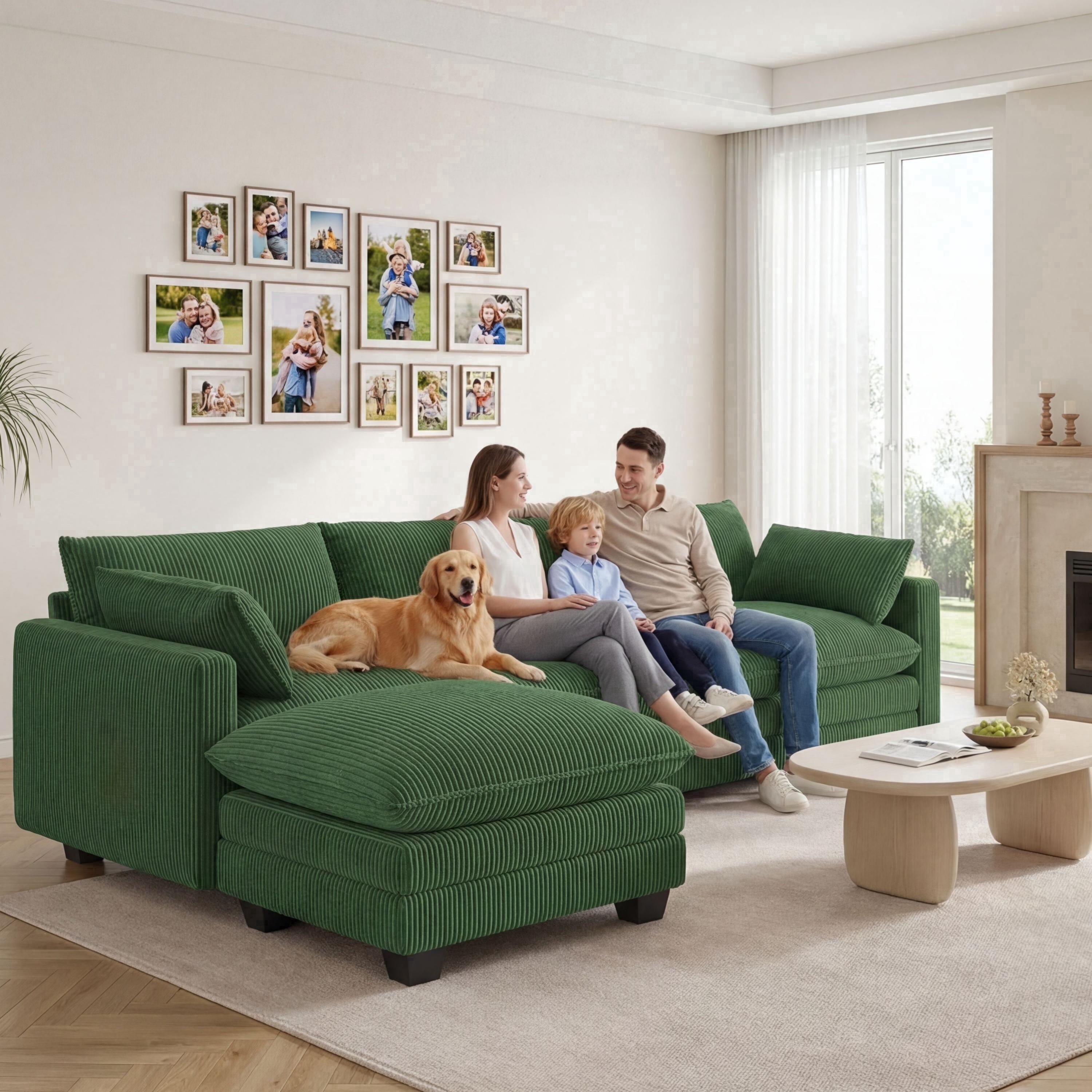 110'' Oversized L Shaped Couch for Living Room, Cloud Couches with Washable Corduroy Cover, Modern 4-Seater Comfy Deep-Seat Sofa with Movable Ottoman and 2 Throw Pillows for Apartment, Gray