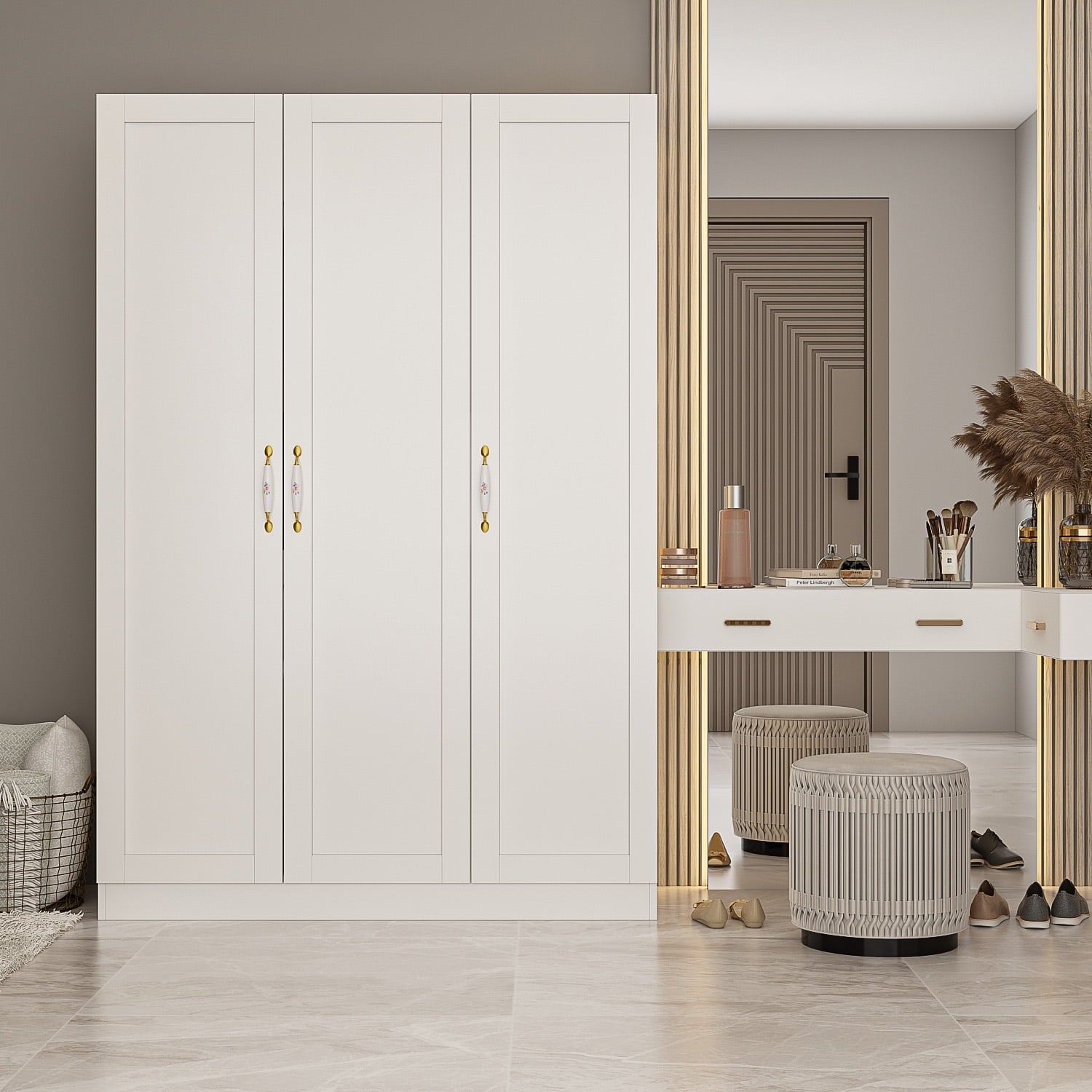 OxyLife 2 Door Wardrobe Armoire, White Closet Storage Organizer with Drawers and Shelves
