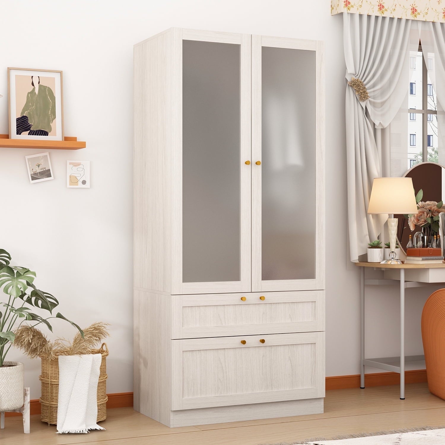 OxyLife 2 Door Wardrobe Armoire, White Closet Storage Organizer with Drawers and Shelves