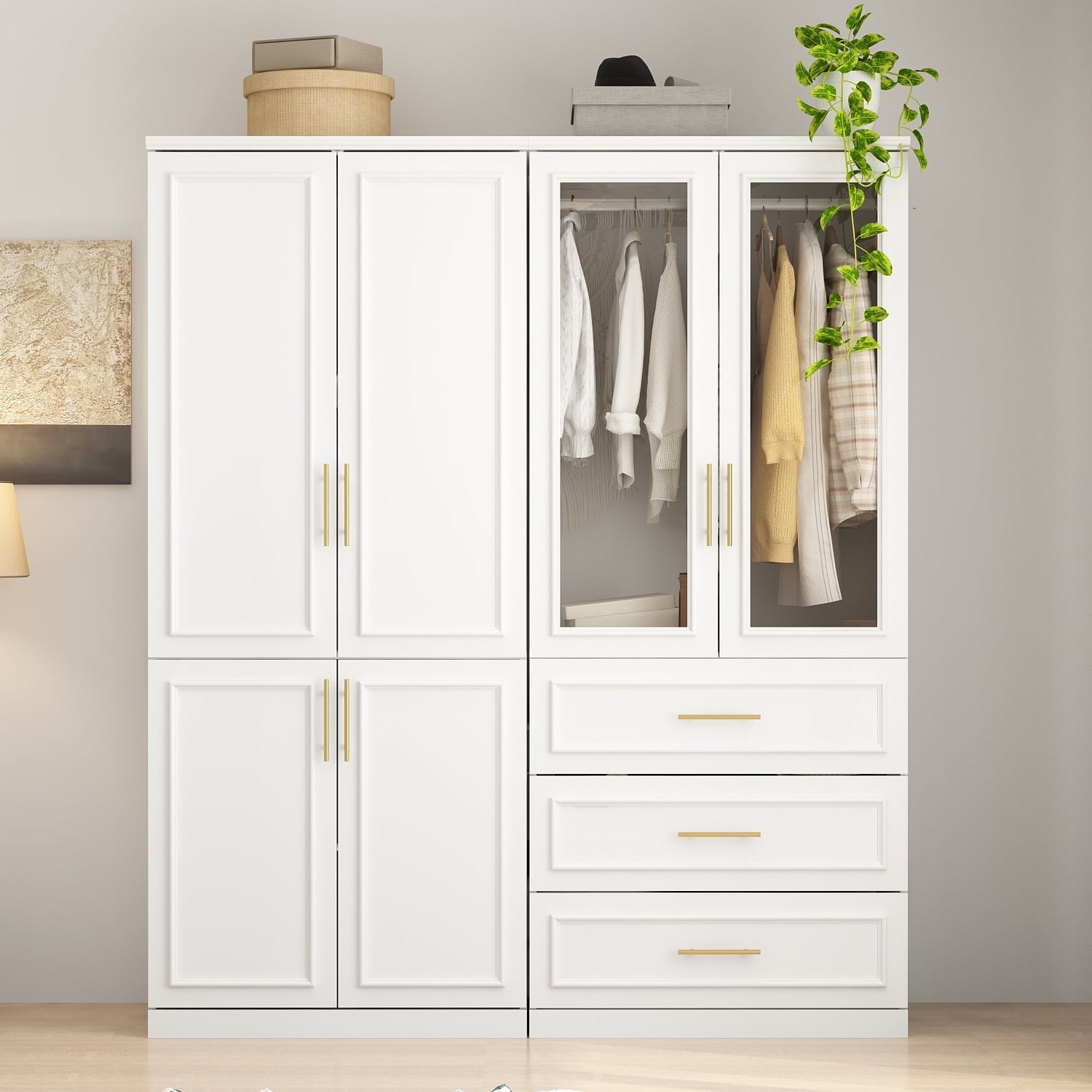 OxyLife 2 Door Wardrobe Armoire, White Closet Storage Organizer with Drawers and Shelves
