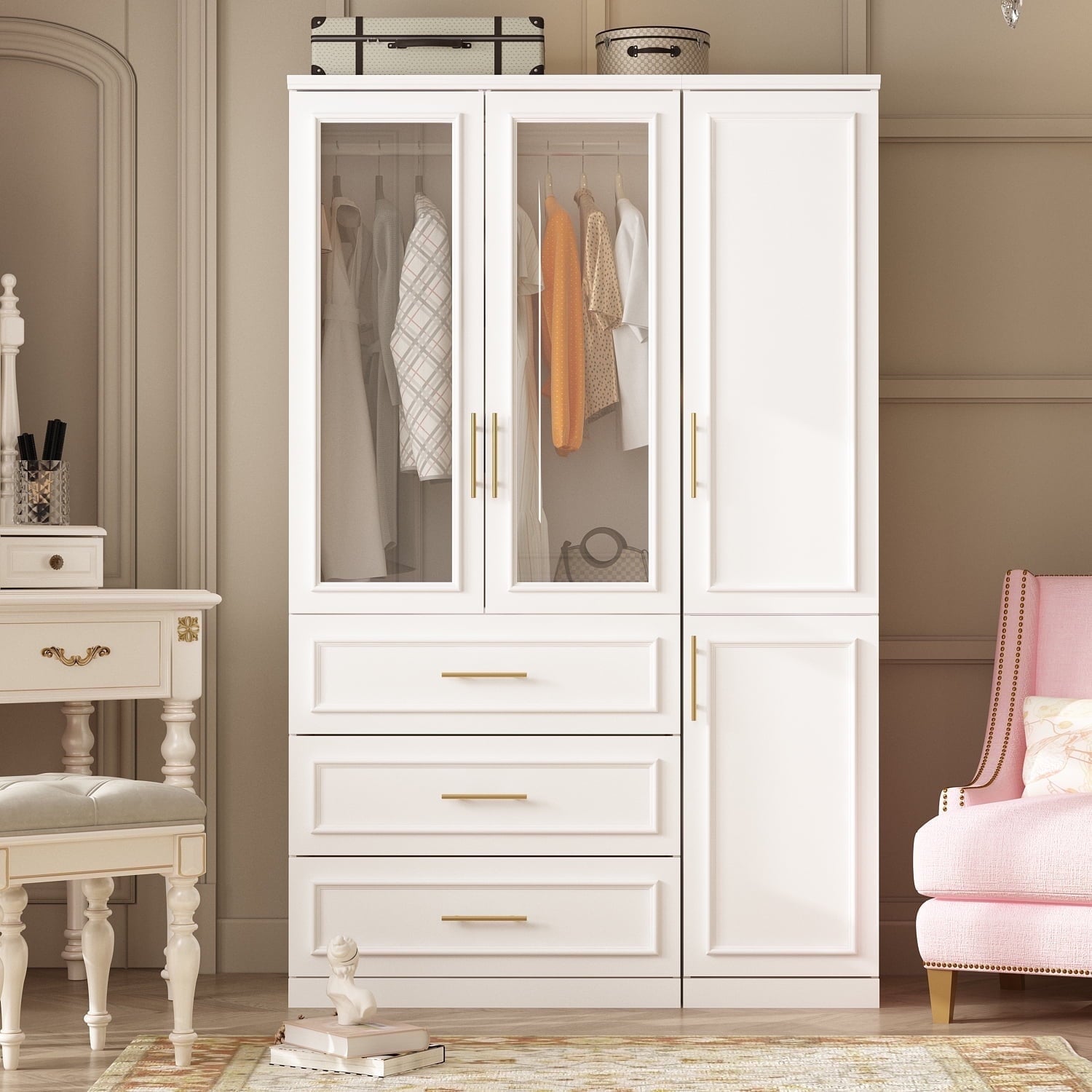 OxyLife 2 Door Wardrobe Armoire, White Closet Storage Organizer with Drawers and Shelves