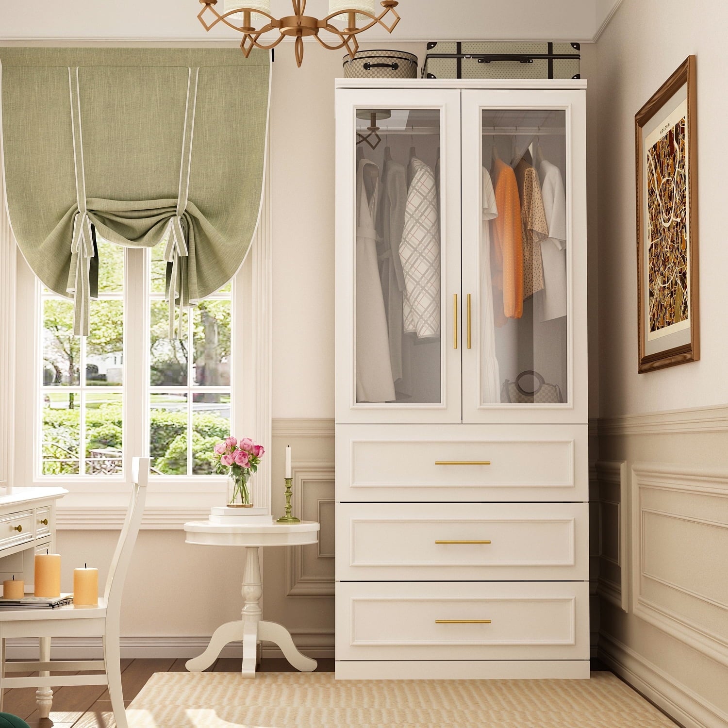 OxyLife 2 Door Wardrobe Armoire, White Closet Storage Organizer with Drawers and Shelves