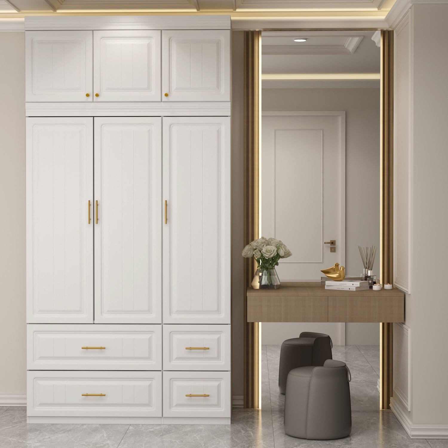 OxyLife 2 Door Wardrobe Armoire, White Closet Storage Organizer with Drawers and Shelves