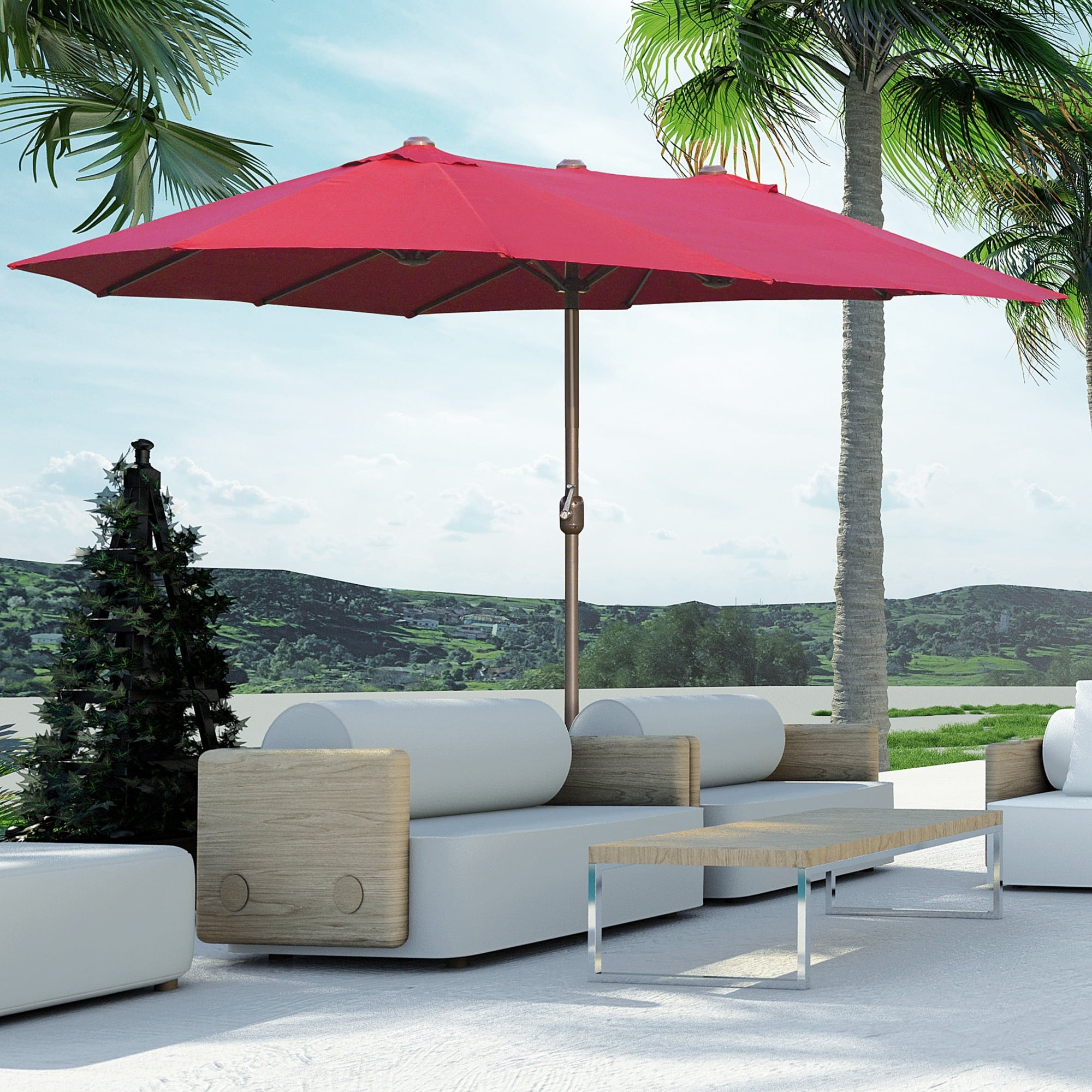 Outsunny Patio Umbrella 15' Steel Rectangular Outdoor Double Sided Market with base, Sun Protection & Easy Crank for Deck Pool Patio, Beige
