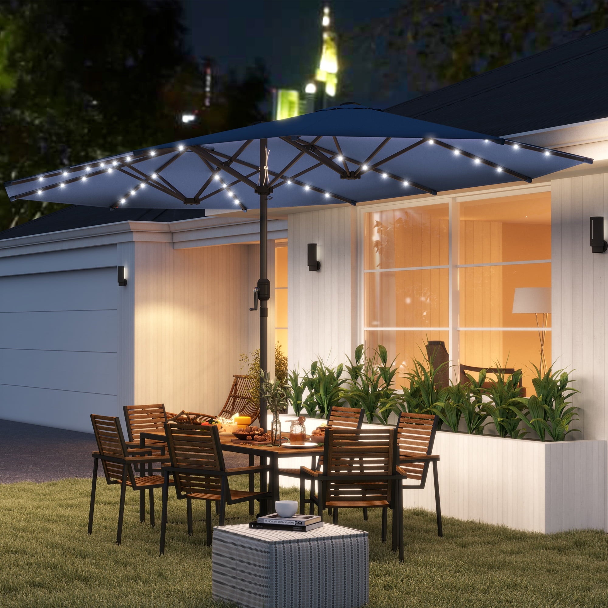 Outsunny Double-Sided Sun Umbrella, Outdoor Garden Parasol, Patio Sun Shade with LED Solar Light, Navy Blue