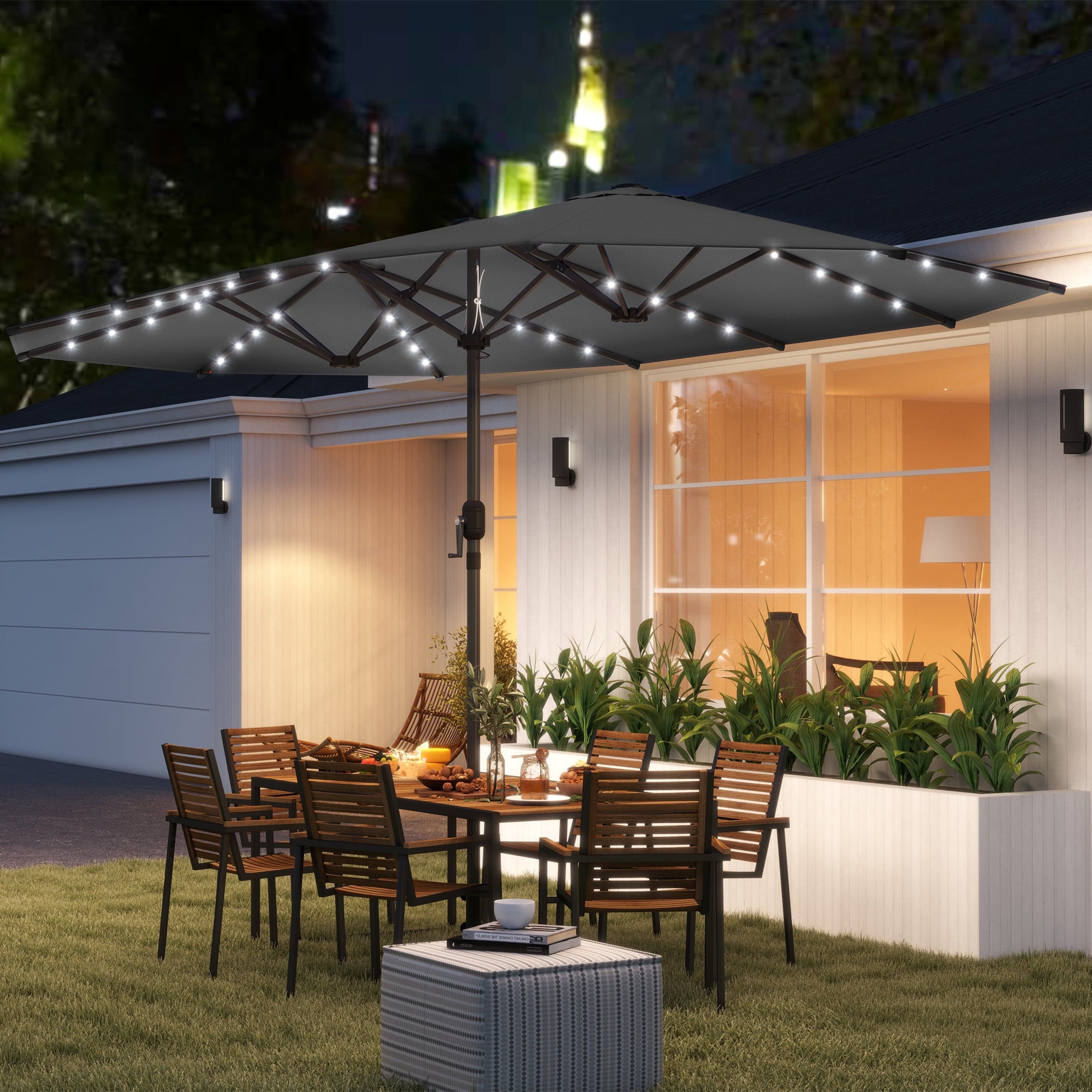 Outsunny Double-Sided Sun Umbrella, Outdoor Garden Parasol, Patio Sun Shade with LED Solar Light, Navy Blue