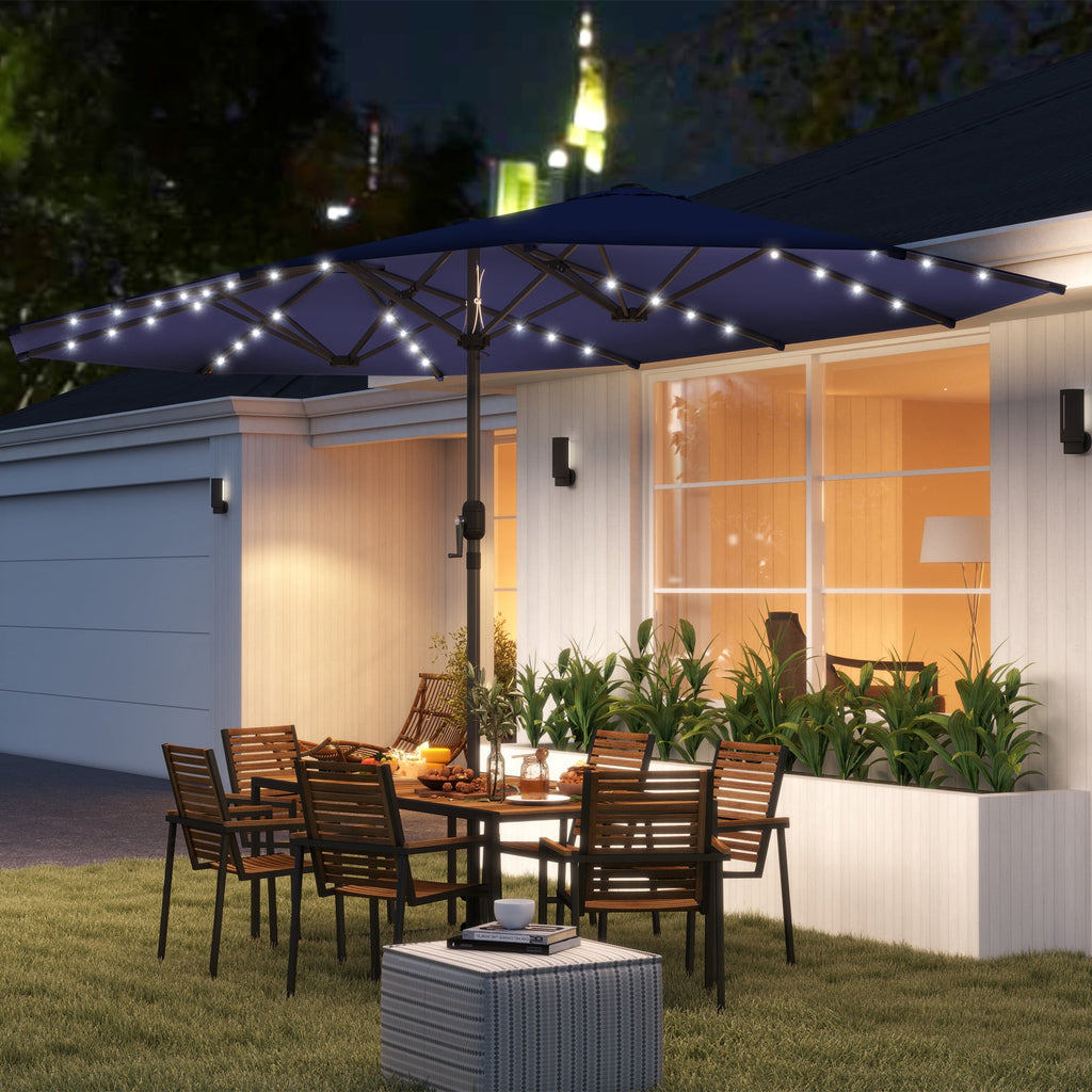 Outsunny Double-Sided Sun Umbrella, Outdoor Garden Parasol, Patio Sun Shade with LED Solar Light, Navy Blue