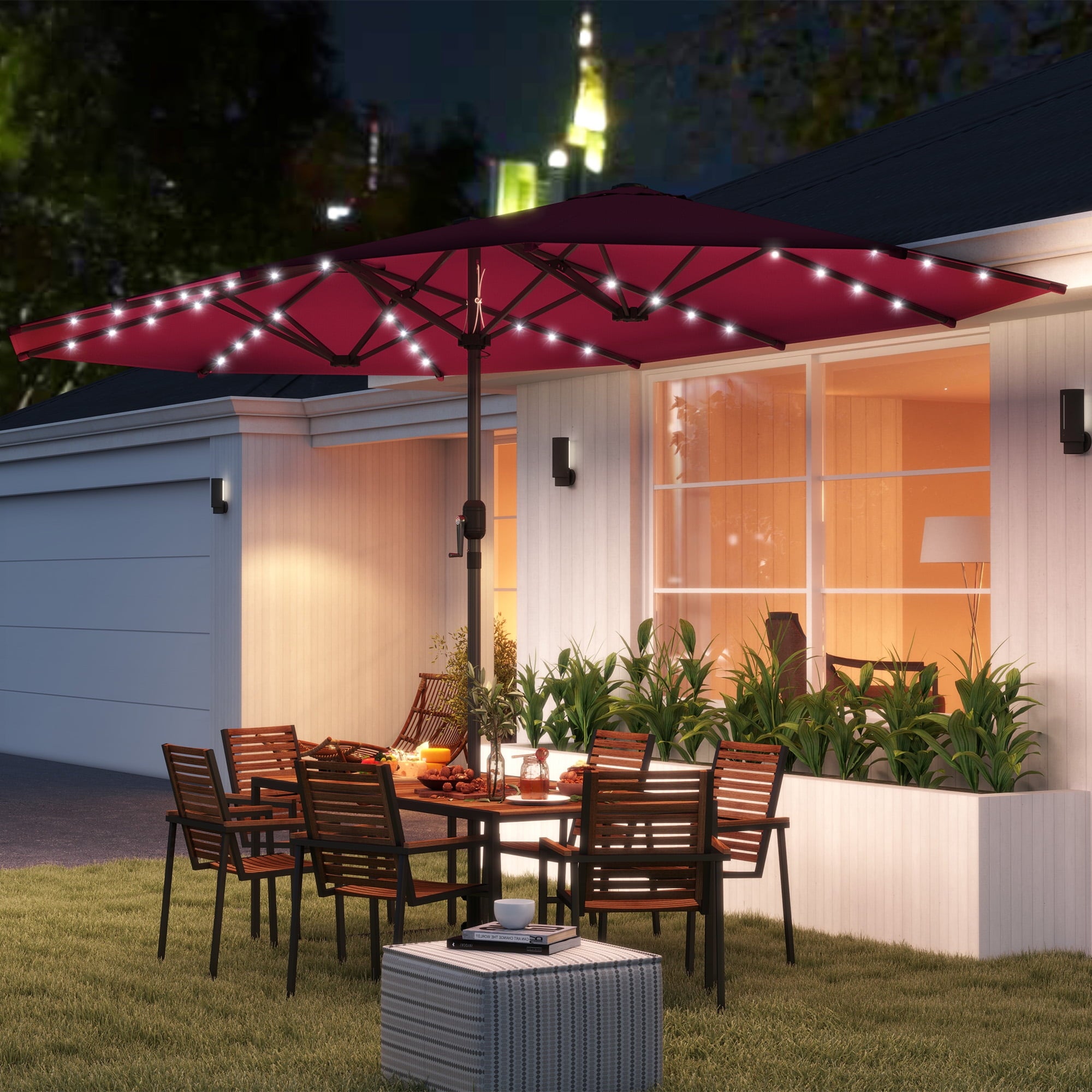 Outsunny Double-Sided Sun Umbrella, Outdoor Garden Parasol, Patio Sun Shade with LED Solar Light, Navy Blue