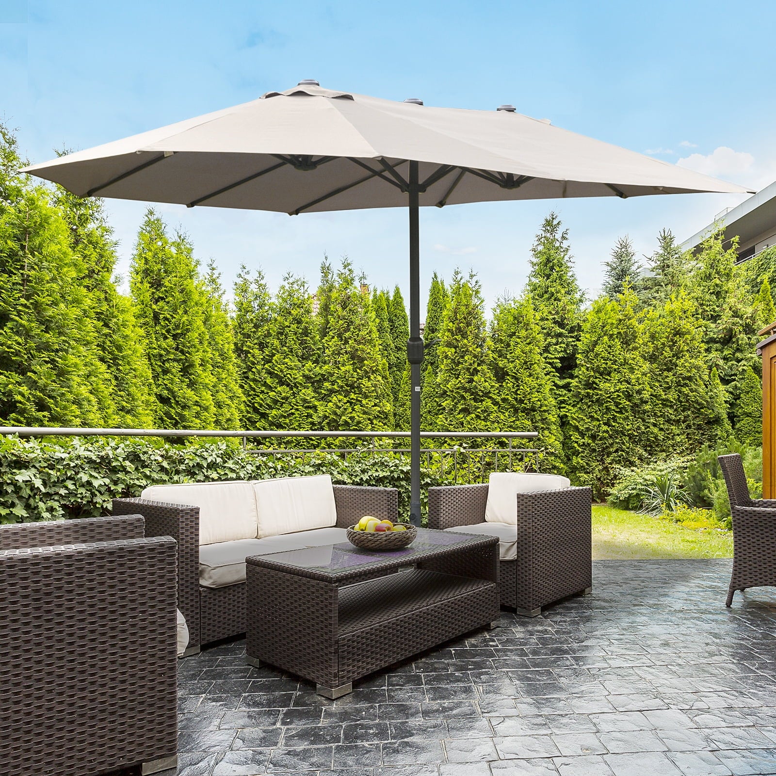 Outsunny Patio Umbrella 15' Steel Rectangular Outdoor Double Sided Market with base, Sun Protection & Easy Crank for Deck Pool Patio, Beige