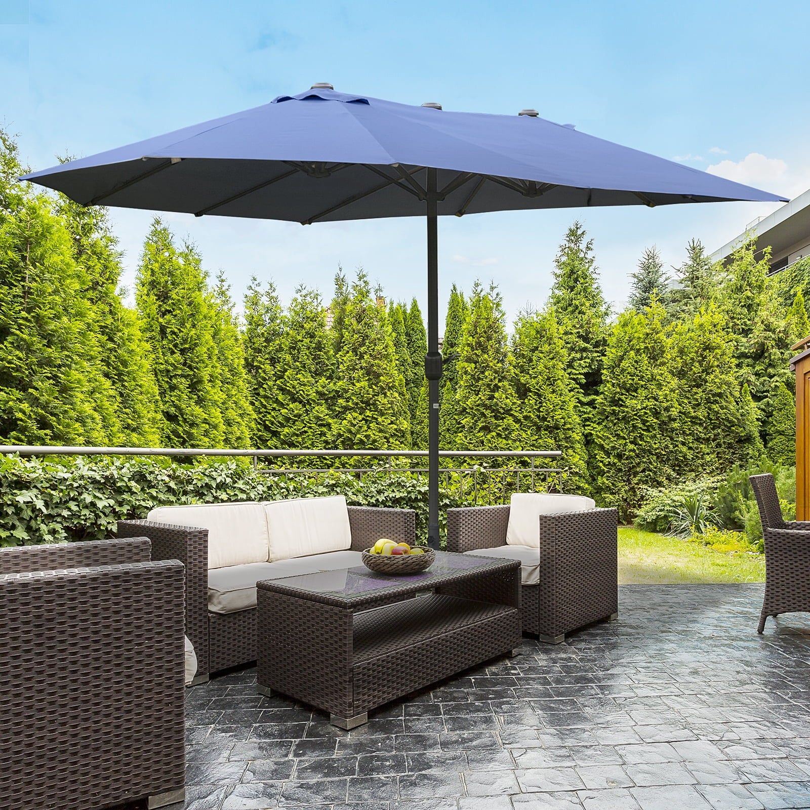 Outsunny Patio Umbrella 15' Steel Rectangular Outdoor Double Sided Market with base, Sun Protection & Easy Crank for Deck Pool Patio, Beige