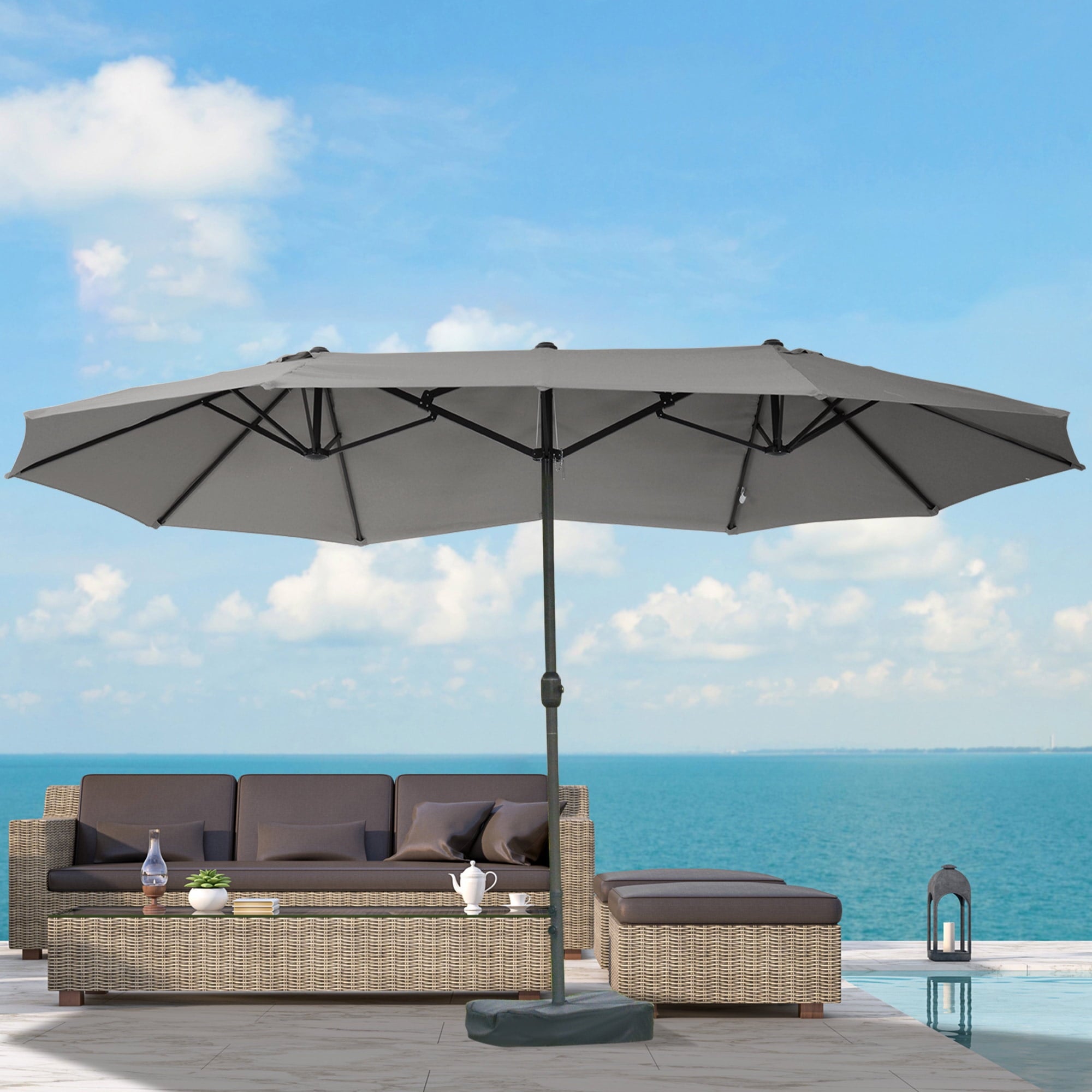 Outsunny Patio Umbrella 15' Steel Rectangular Outdoor Double Sided Market with base, Sun Protection & Easy Crank for Deck Pool Patio, Beige