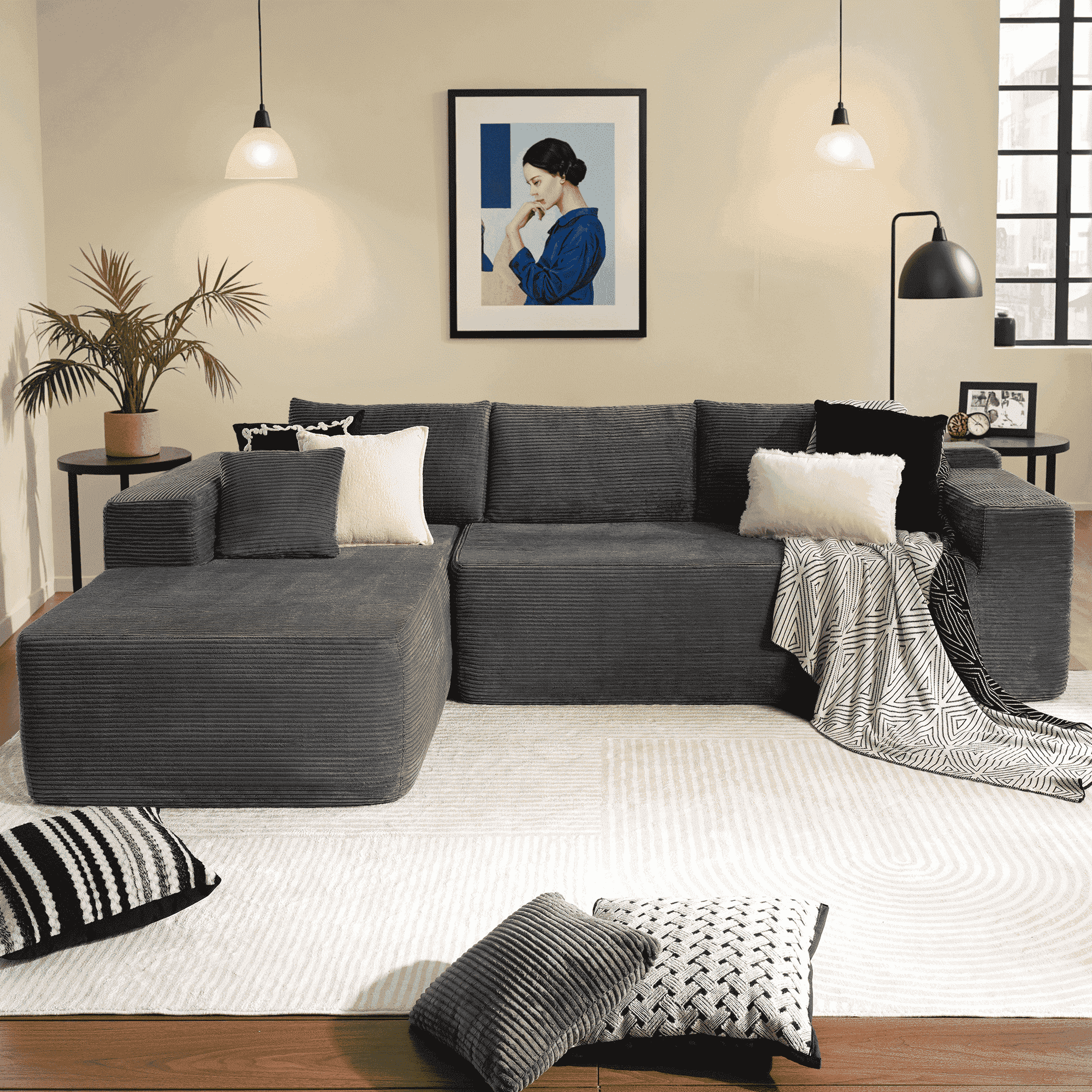 Ovios 106 Cloud Sofa Couch No Assembly Boneless Deep Seat Sofa for Living Room, Black (Corduroy)