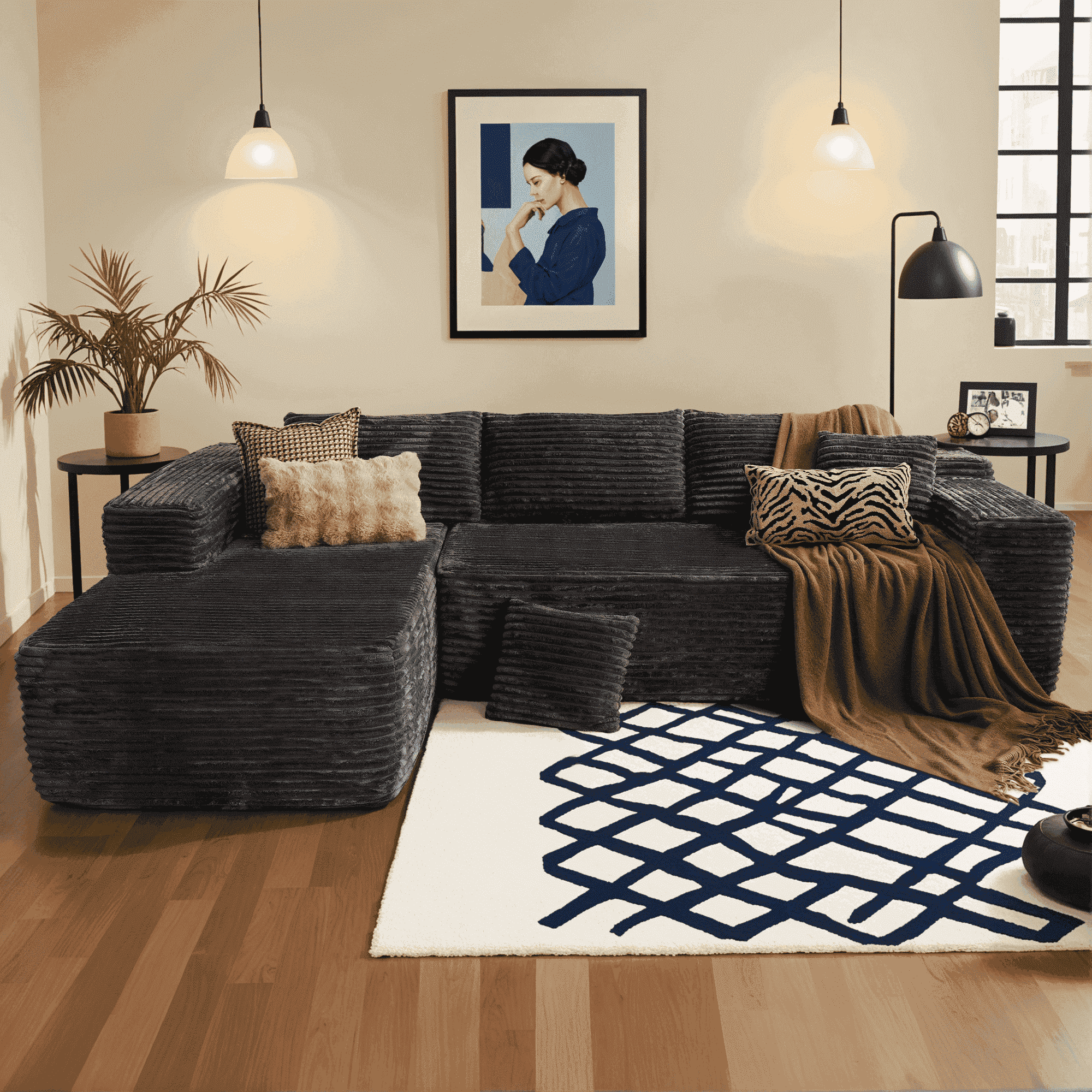 Ovios 106 Cloud Sofa Couch No Assembly Boneless Deep Seat Sofa for Living Room, Black (Corduroy)