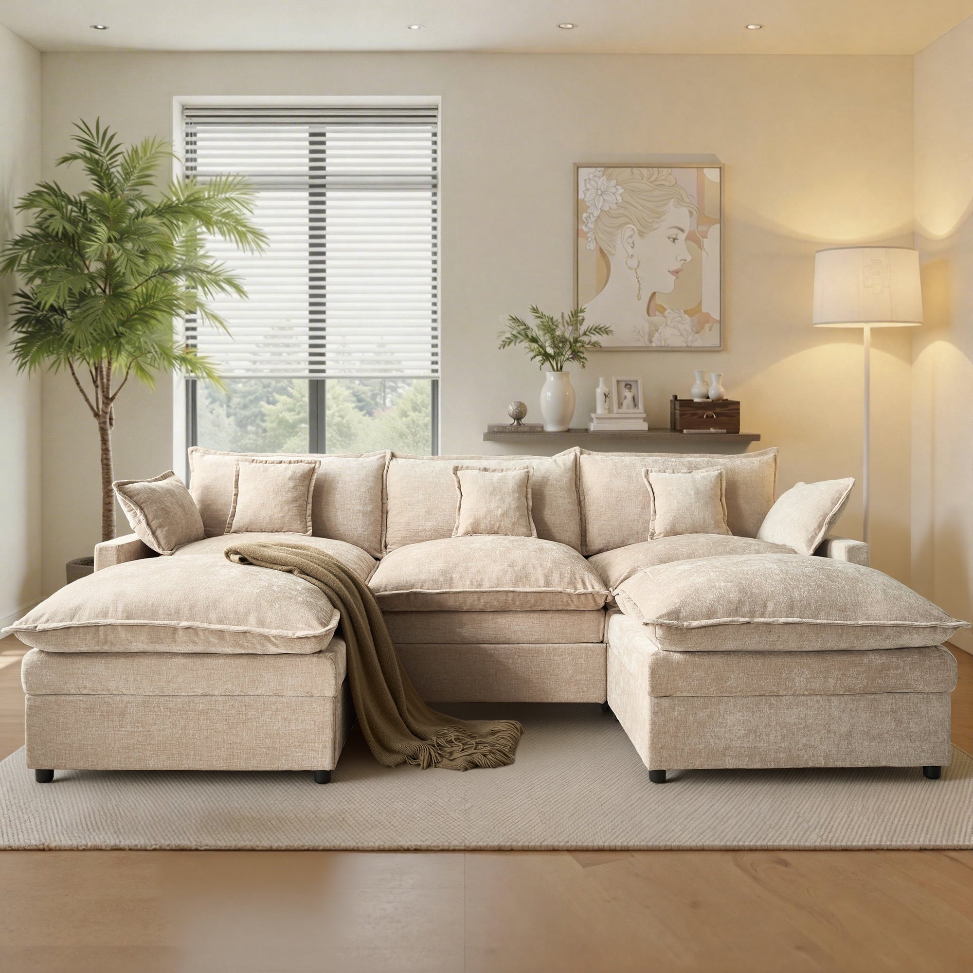 Ovios 108 Modular Sectional Sofa U-Shaped Cloud Couch with 2 Ottomans, Comfy Living Room Furniture, Chenille, Gray