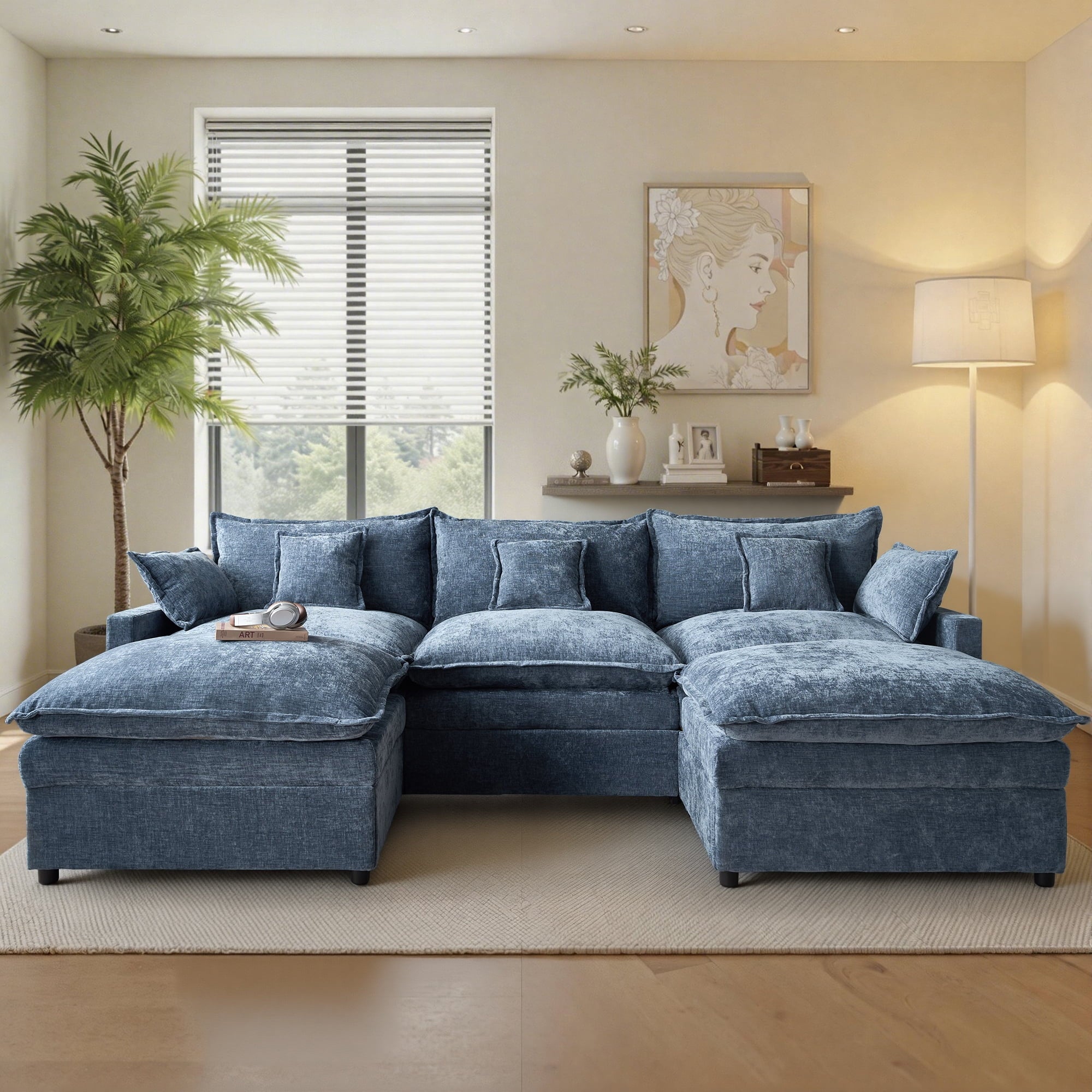 Ovios 108 Modular Sectional Sofa U-Shaped Cloud Couch with 2 Ottomans, Comfy Living Room Furniture, Chenille, Camel