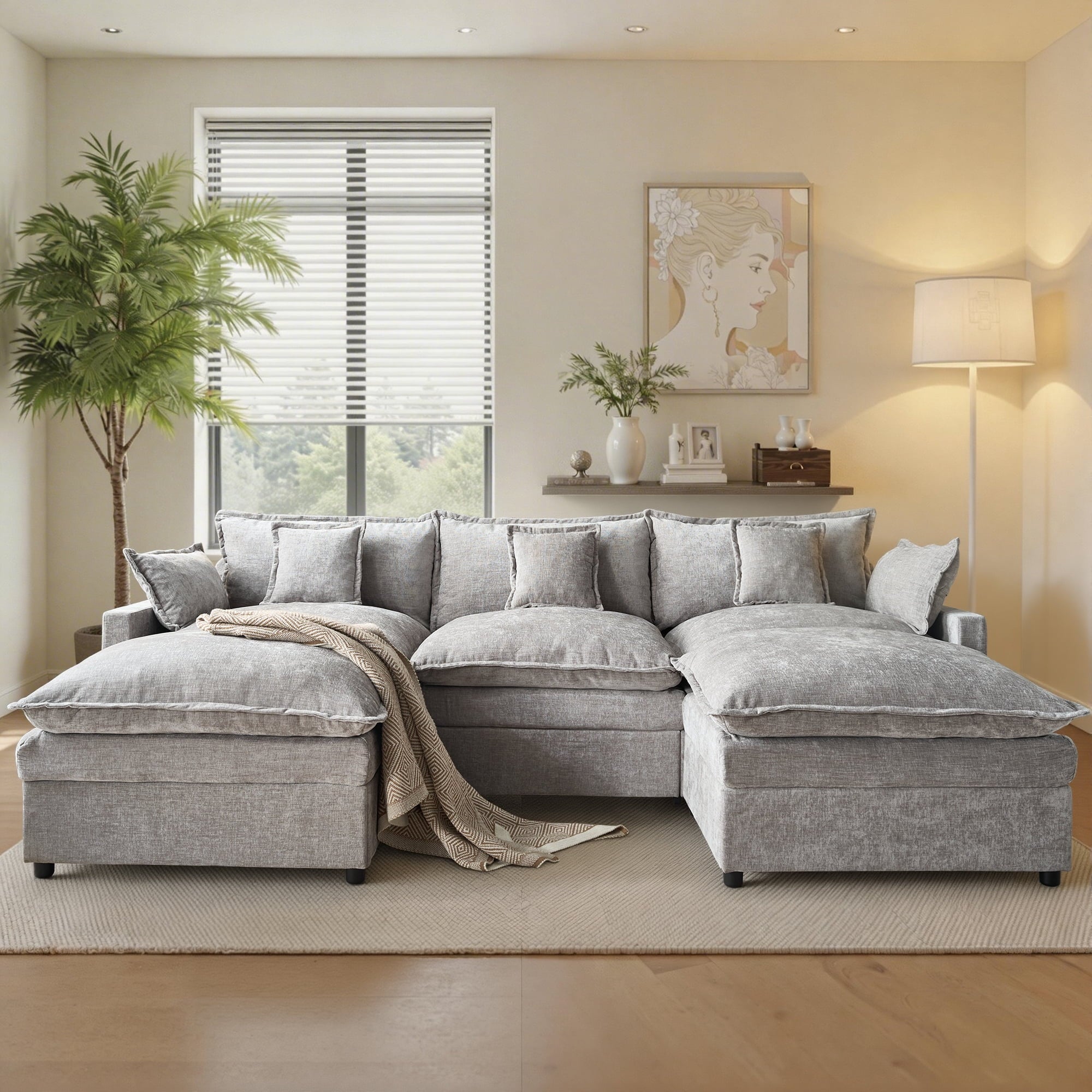 Ovios 108 Modular Sectional Sofa U-Shaped Cloud Couch with 2 Ottomans, Comfy Living Room Furniture, Chenille, Dark Blue