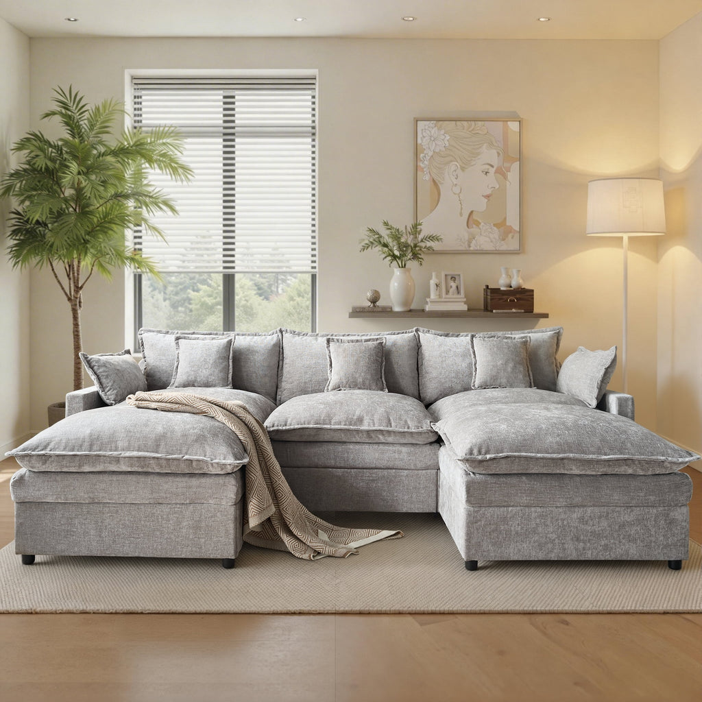 Ovios 108 Modular Sectional Sofa U-Shaped Cloud Couch with 2 Ottomans, Comfy Living Room Furniture, Chenille, Gray