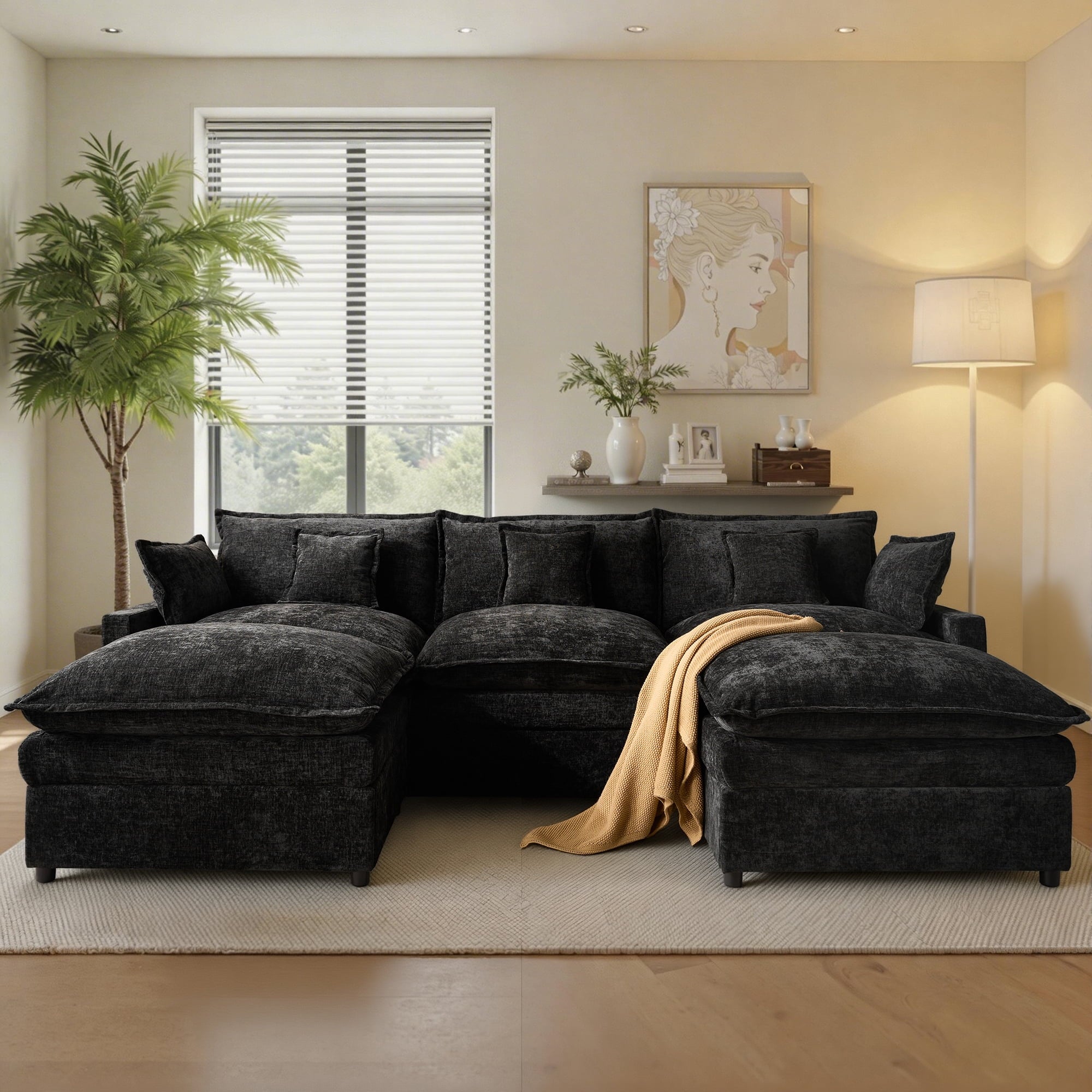 Ovios 108 Modular Sectional Sofa U-Shaped Cloud Couch with 2 Ottomans, Comfy Living Room Furniture, Chenille, Dark Blue