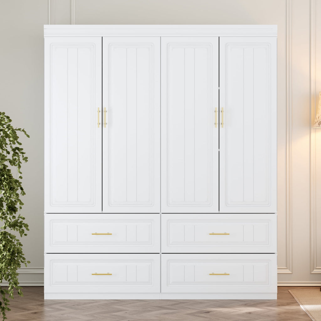 Oxylife 4-Door Wardrobe Armoire, Closet with Shelves and Drawers,Storage Cabinet with Rod for Bedroom, 93.3 H,White