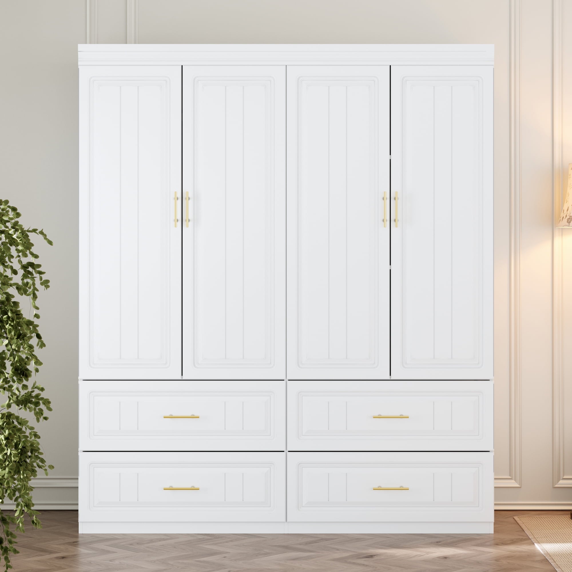 Oxylife 4-Door Wardrobe Armoire, Closet with Shelves and Drawers,Storage Cabinet with Rod for Bedroom, 93.3 H,White