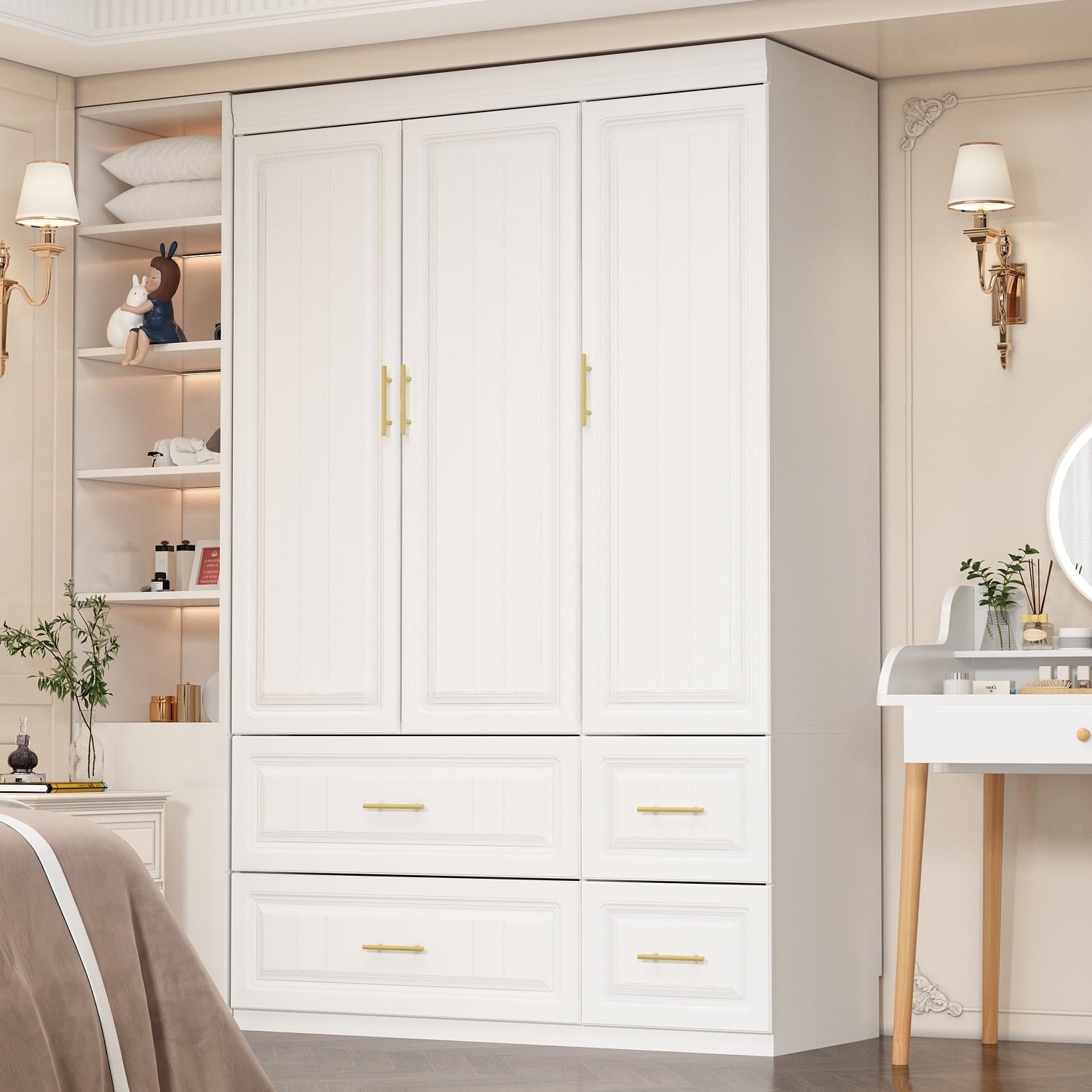OxyLife 2 Door Wardrobe Armoire, White Closet Storage Organizer with Drawers and Shelves
