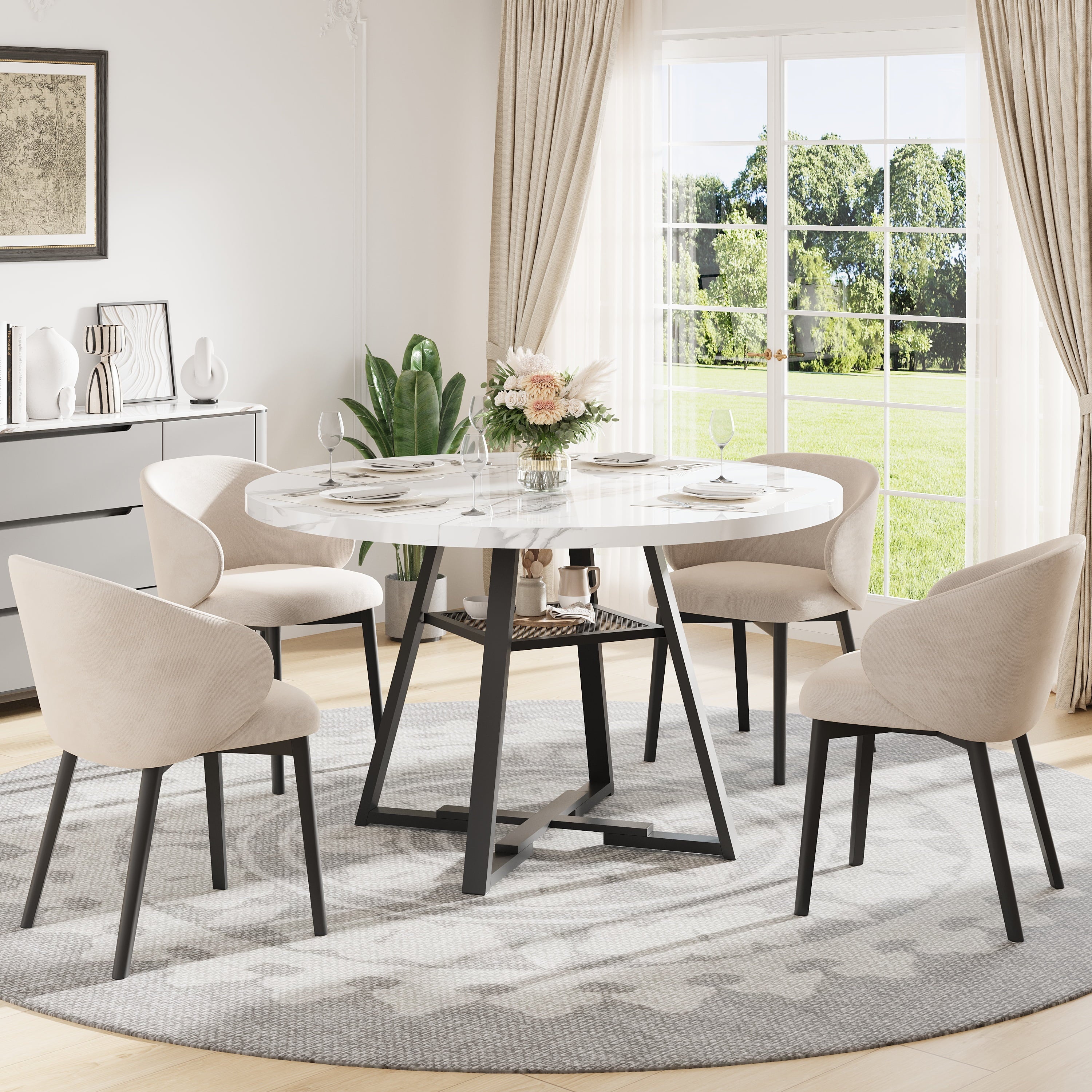 PAPROOS Round Dining Table, 43'' Faux Marble Dining Table with Storage Shelf, Circle Dining Table for Dining Room, Modern Kitchen Table for 4 People, White(Only Table)