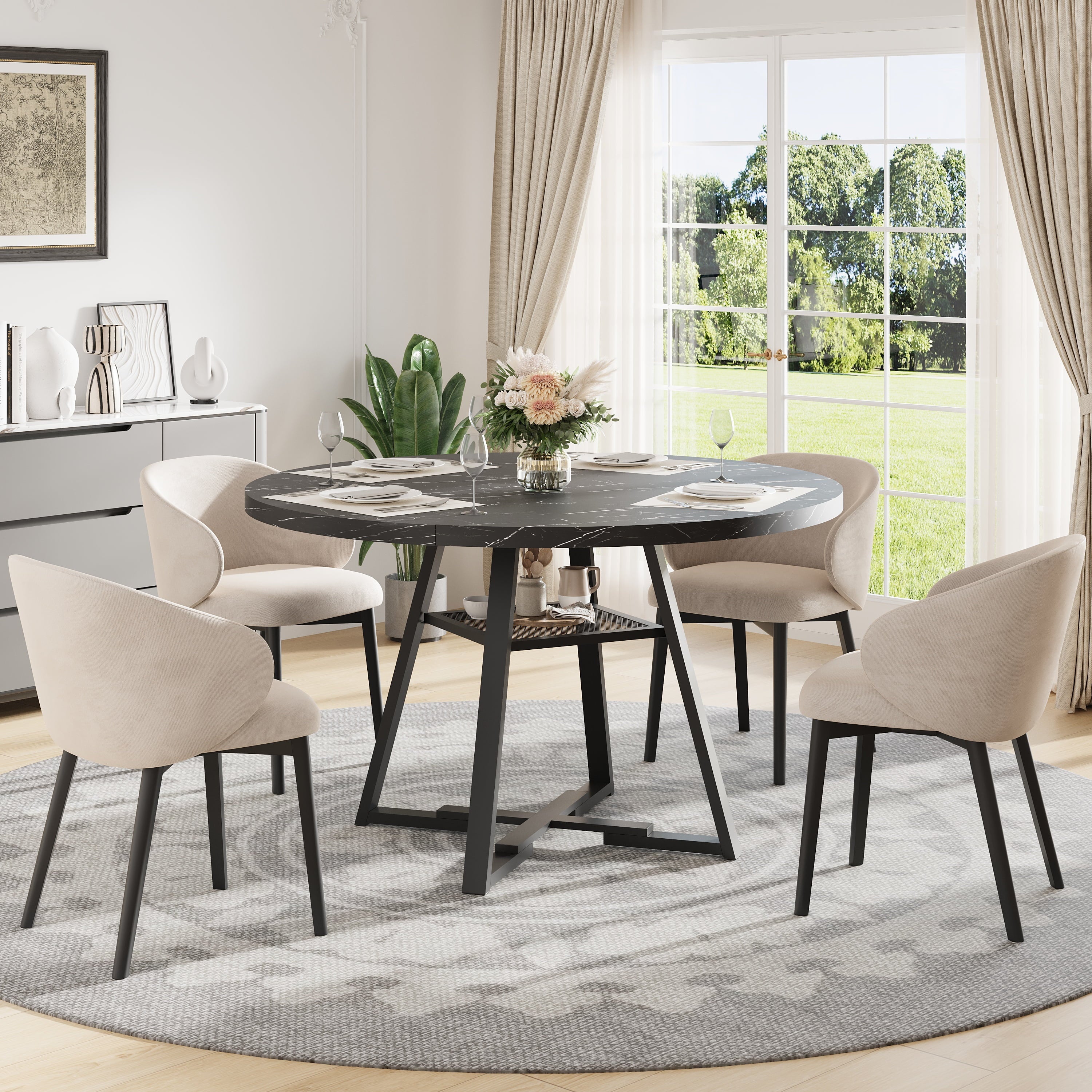 PAPROOS Round Dining Table, 43'' Faux Marble Dining Table with Storage Shelf, Circle Dining Table for Dining Room, Modern Kitchen Table for 4 People, White(Only Table)