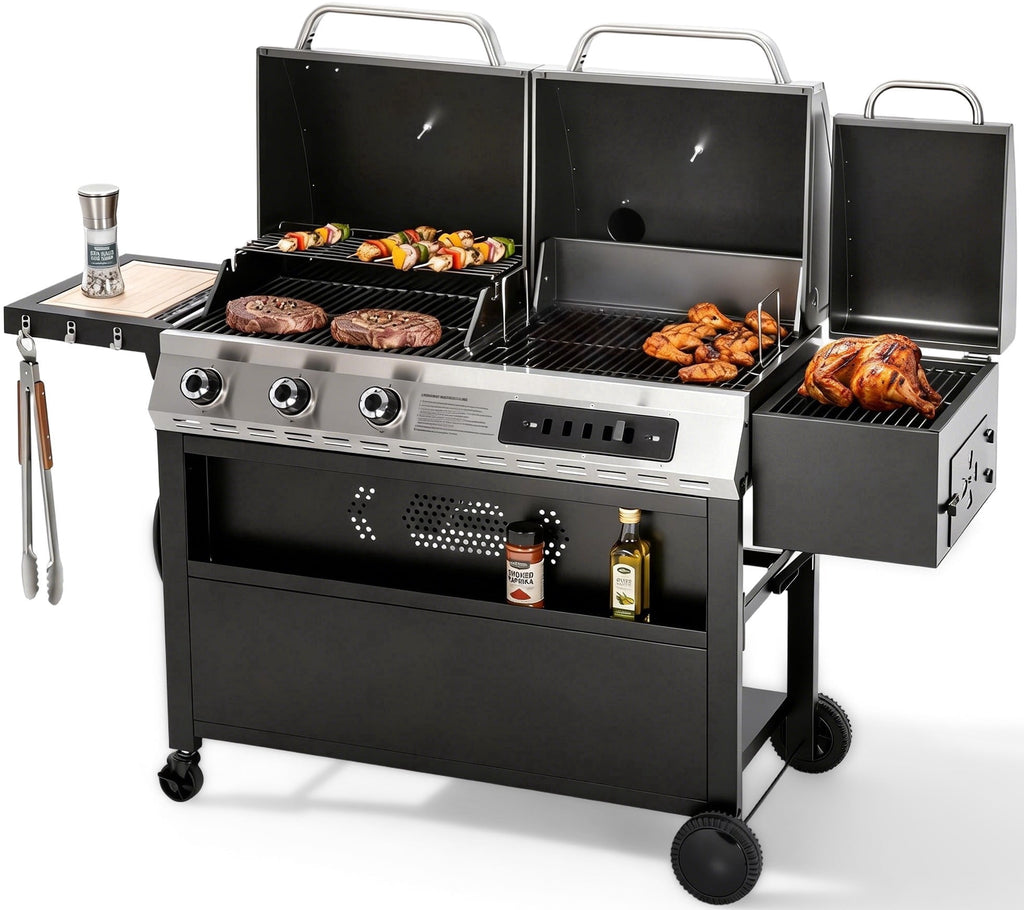 MF Studio 3-Burner Gas and Charcoal Combo Grill with Offset Smoker Large Dual Fuel BBQ Grill for Outdoor