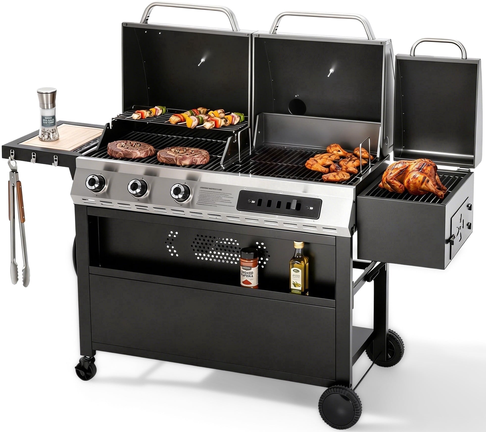 MF Studio 3-Burner Gas and Charcoal Combo Grill with Offset Smoker Large Dual Fuel BBQ Grill for Outdoor