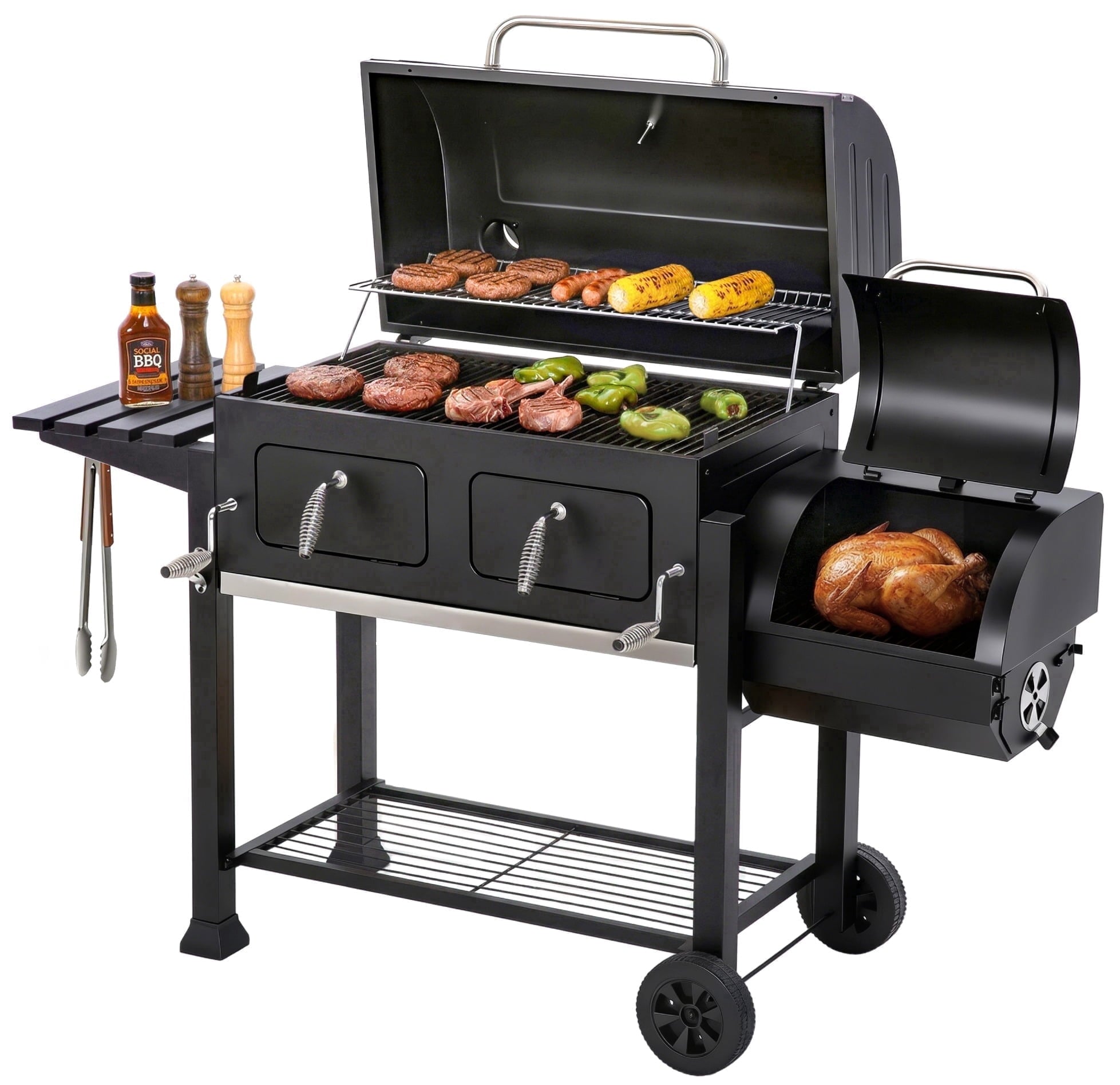 MF Studio Charcoal Grill with Offset Smoker 1015 sq in Extra Large Charcoal BBQ Grill for Outdoor Cooking