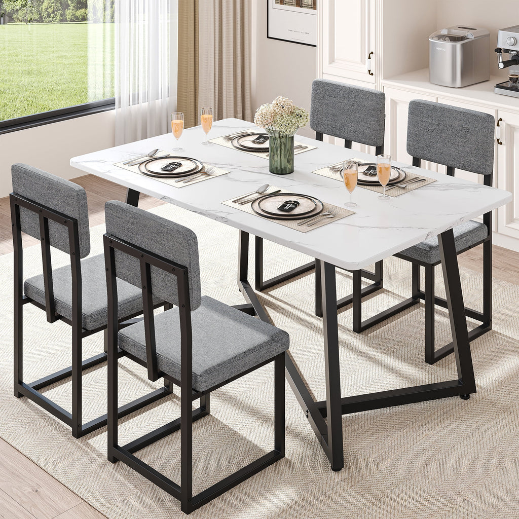PORKISS 5 Piece Dining Table Set, Modern Faux Marble Tabletop and 4 Linen Upholstered Chairs, Rectangle Kitchen Table and Chairs for 4, White + Gray(Linen)