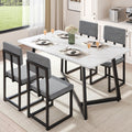 PORKISS 5 Piece Dining Table Set, Modern Faux Marble Tabletop and 4 Linen Upholstered Chairs, Rectangle Kitchen Table and Chairs for 4, White + Gray(Linen)