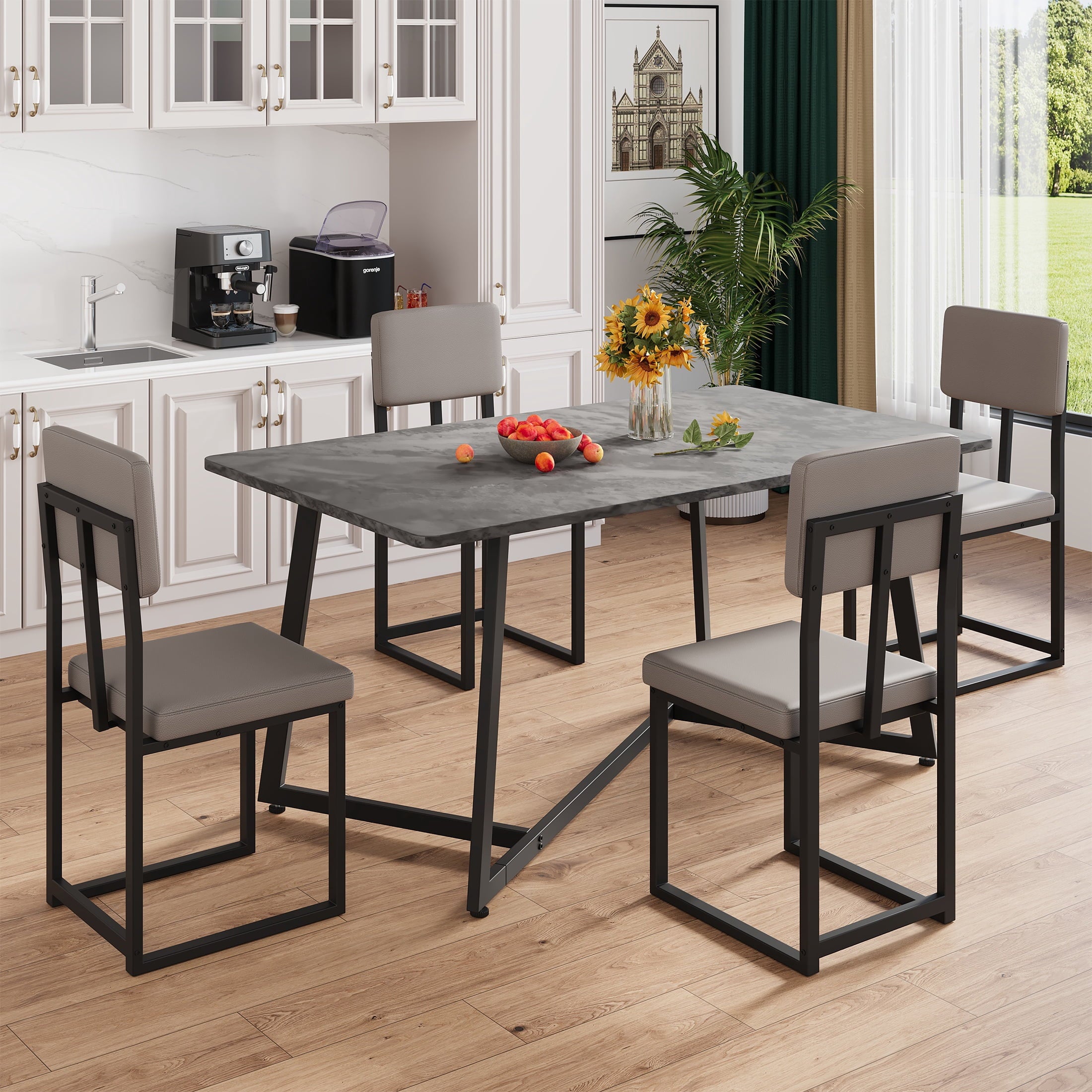 PORKISS 5 Piece Dining Table Set, Modern Faux Marble Tabletop and 4 Linen Upholstered Chairs, Rectangle Kitchen Table and Chairs for 4, White + Gray(Linen)