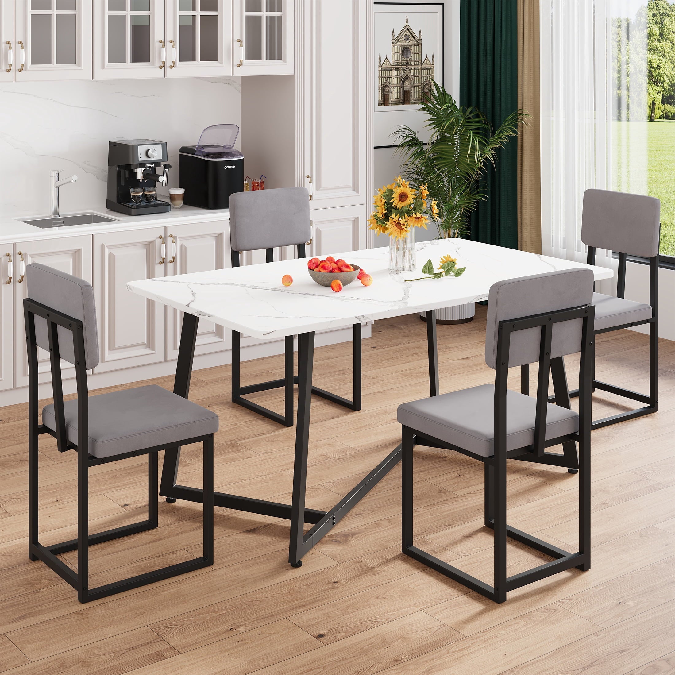 PORKISS 5 Piece Dining Table Set, Modern Faux Marble Tabletop and 4 Linen Upholstered Chairs, Rectangle Kitchen Table and Chairs for 4, White + Gray(Linen)