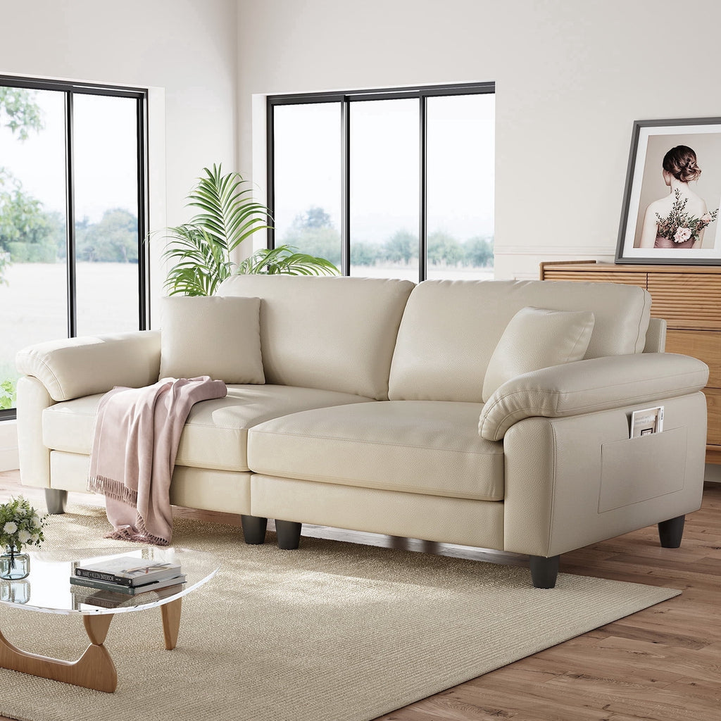 83 Couch Premium PU Leather Sofa, Comfy Extra Deep Seat 3 Seater Couch for Living Room, Oversized Loveseat with 2 Pillows, Beige