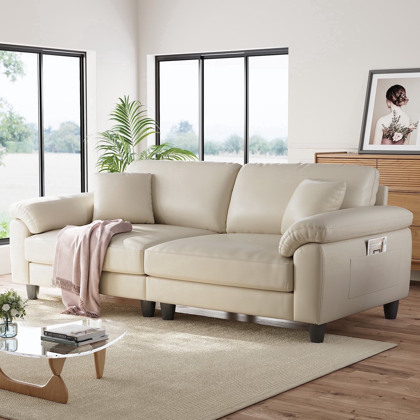 83 Couch Premium PU Leather Sofa, Comfy Extra Deep Seat 3 Seater Couch for Living Room, Oversized Loveseat with 2 Pillows, Beige