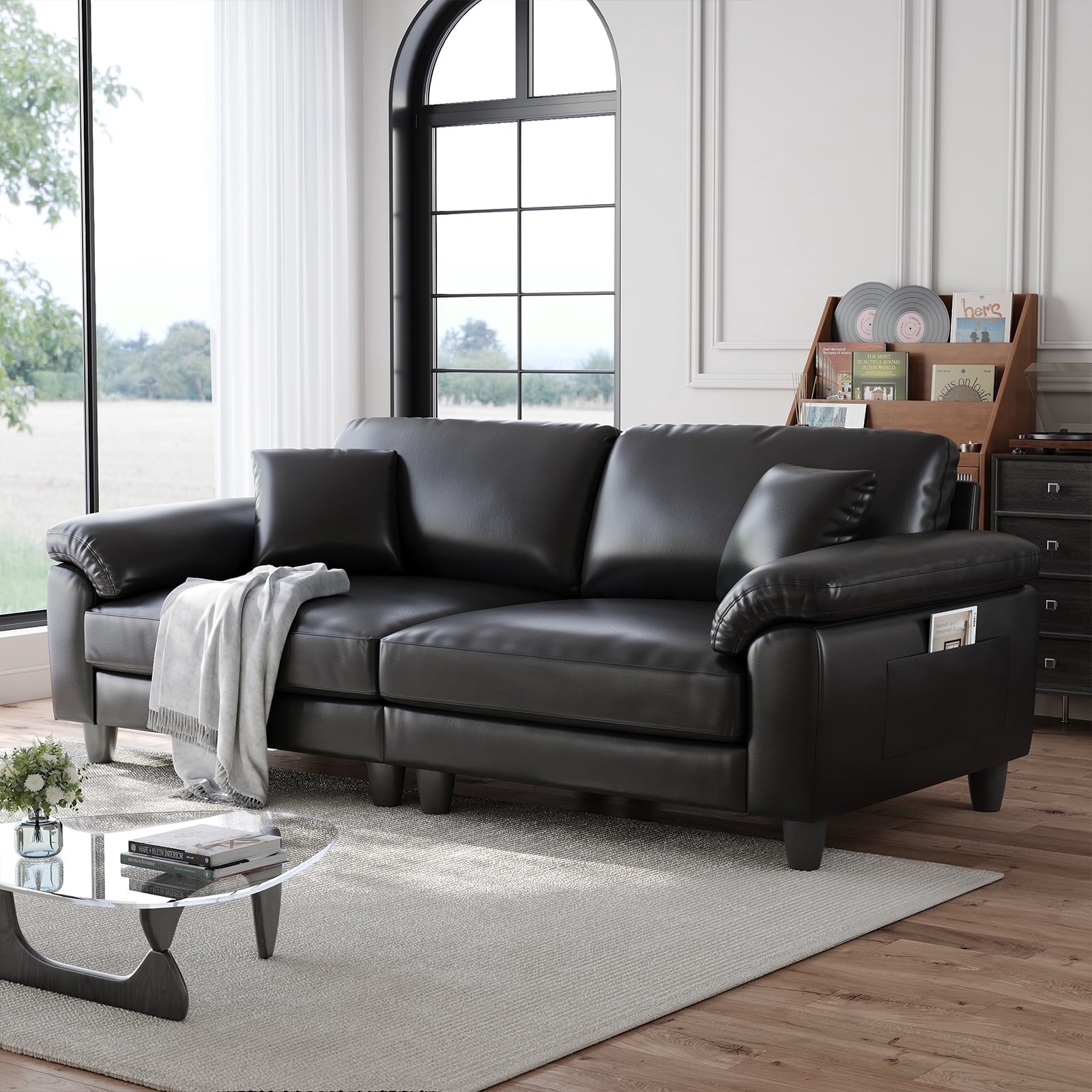 83 Couch Premium PU Leather Sofa, Comfy Extra Deep Seat 3 Seater Couch for Living Room, Oversized Loveseat with 2 Pillows, Beige