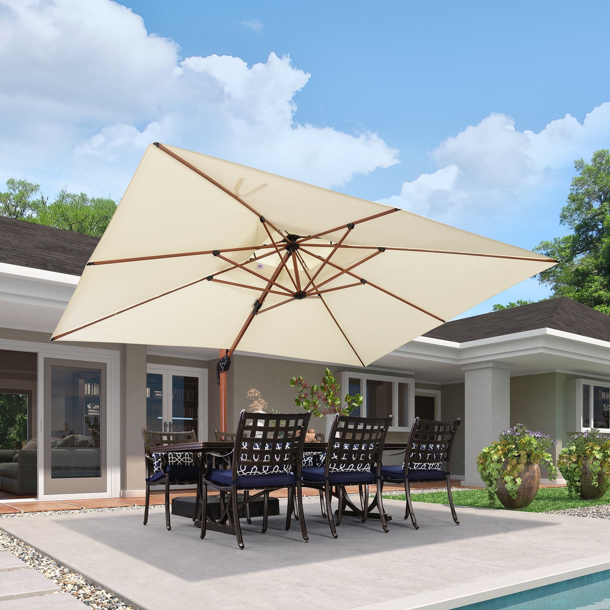 PURPLE LEAF 10FT Deluxe Square Wood Grain Patio Umbrella, Large Offset Cantilever Umbrella with 360° Rotation, Beige