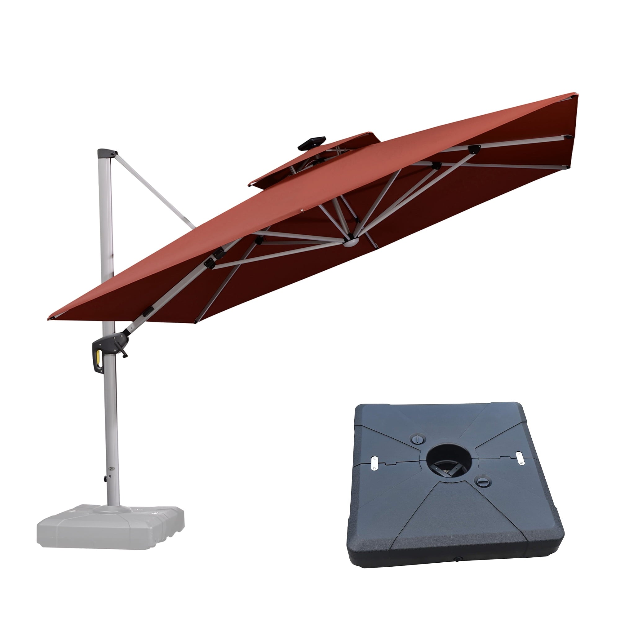 PURPLE LEAF 9 x 12FT Deluxe Rectangle Solar Powered LED Patio Umbrella with Base, Large Offset Cantilever Umbrella with 360° Rotation, Navy Blue