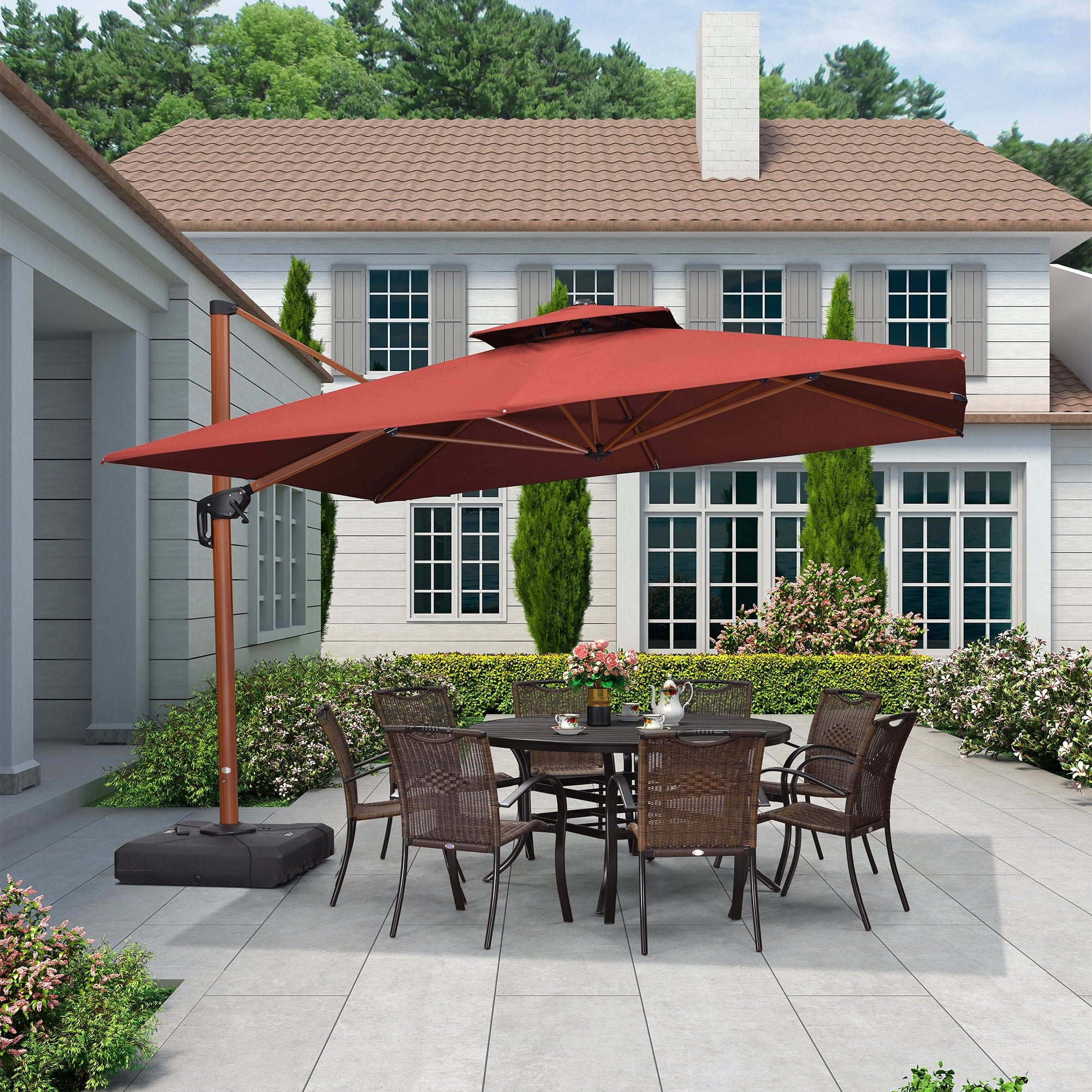 PURPLE LEAF 10FT Deluxe Square Wood Grain Patio Umbrella, Large Offset Cantilever Umbrella with 360° Rotation, Beige