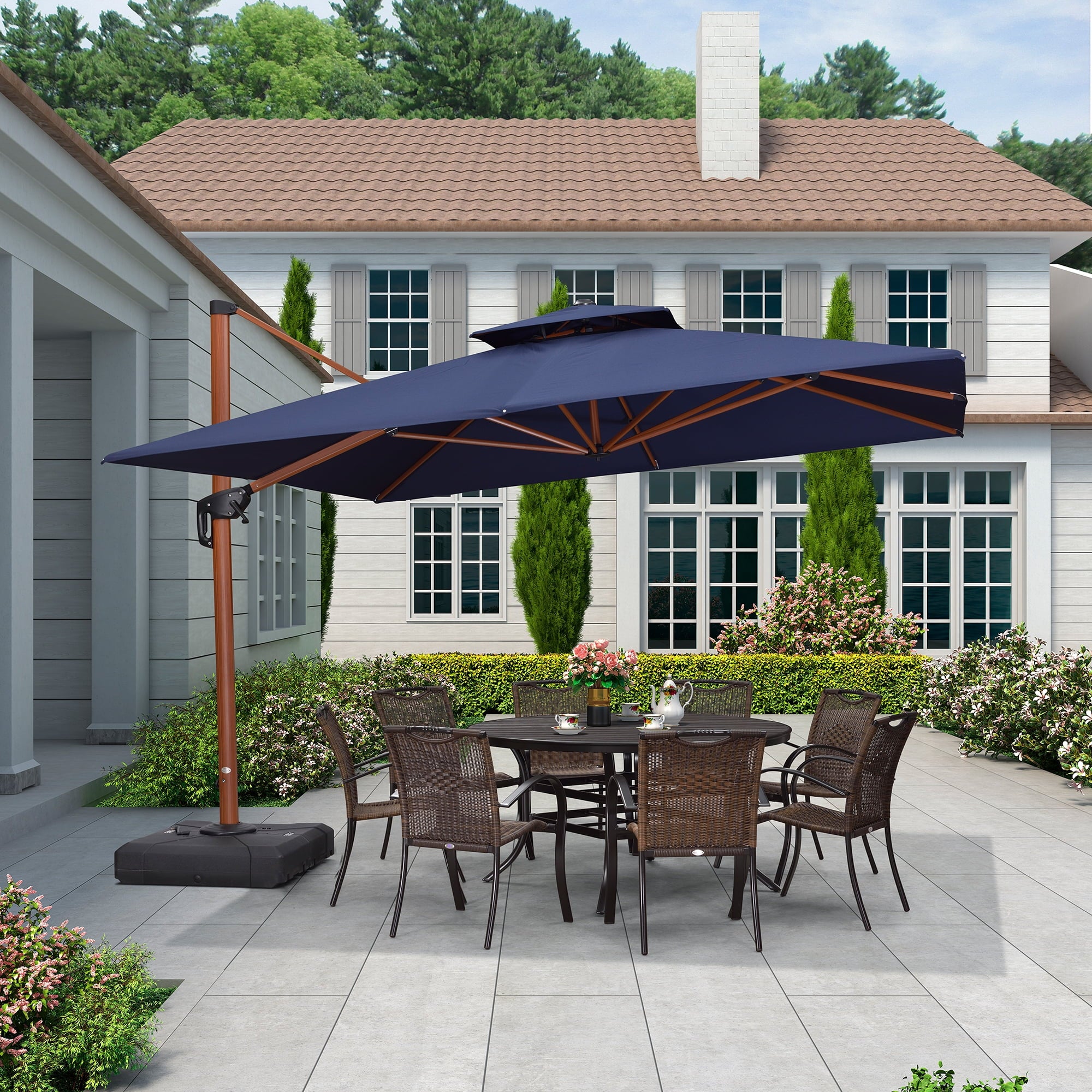 PURPLE LEAF 10FT Deluxe Square Wood Grain Patio Umbrella, Large Offset Cantilever Umbrella with 360° Rotation, Beige