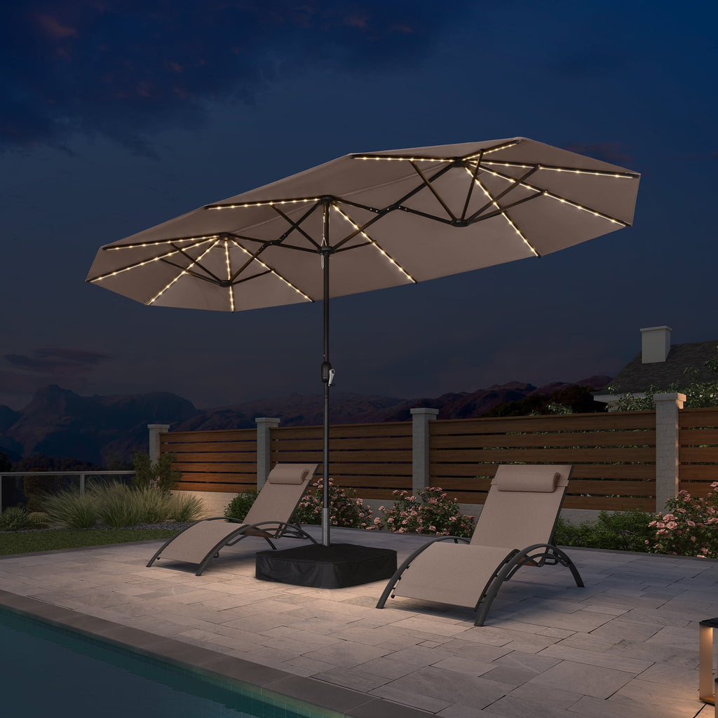 PURPLE LEAF 13ft Market Patio Umbrella with Solar LED and Base Double-Sided Sun Umbrellas for Pool Beach Deck Backyard Taupe
