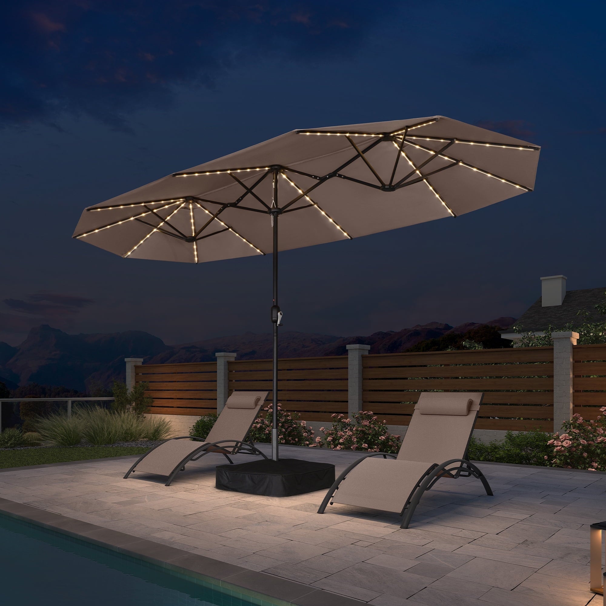 PURPLE LEAF 13ft Market Patio Umbrella with Solar LED and Base Double-Sided Sun Umbrellas for Pool Beach Deck Backyard Taupe