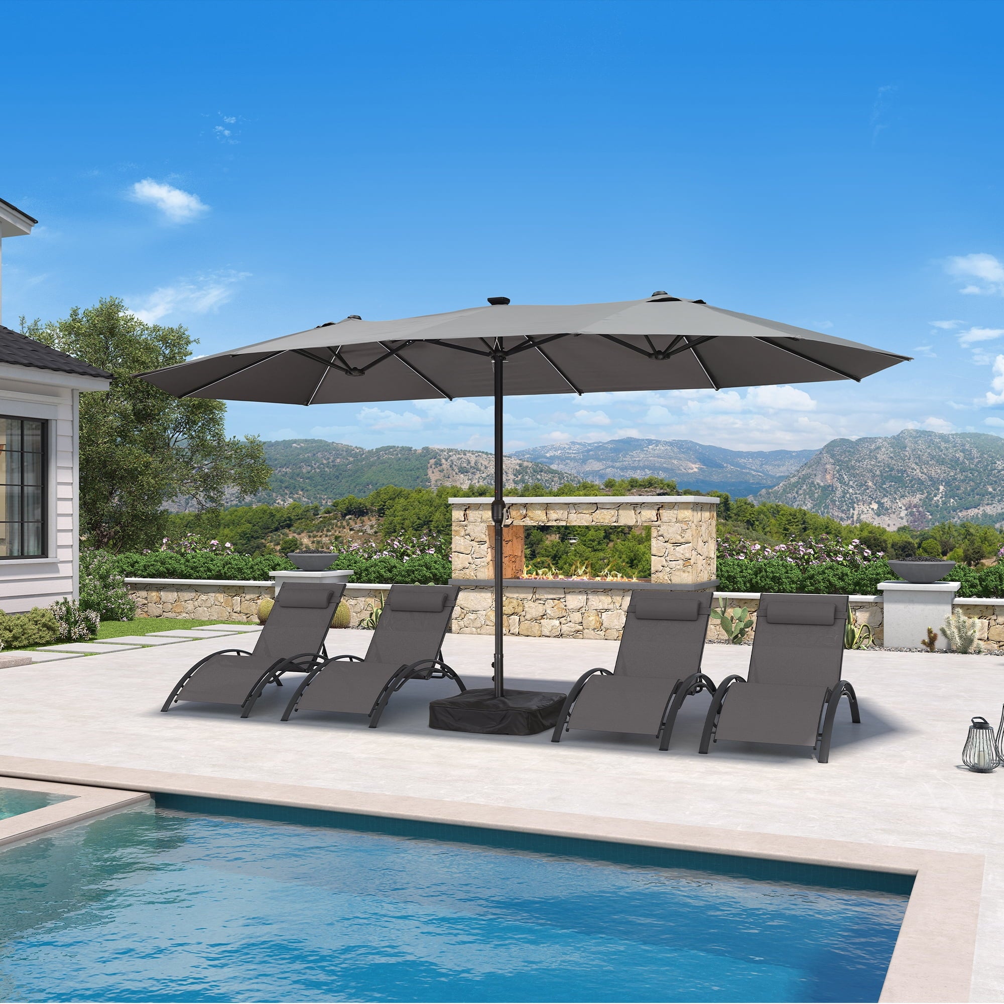 PURPLE LEAF 13ft Market Patio Umbrella with Solar LED and Base Double-Sided Sun Umbrellas for Pool Beach Deck Backyard Taupe