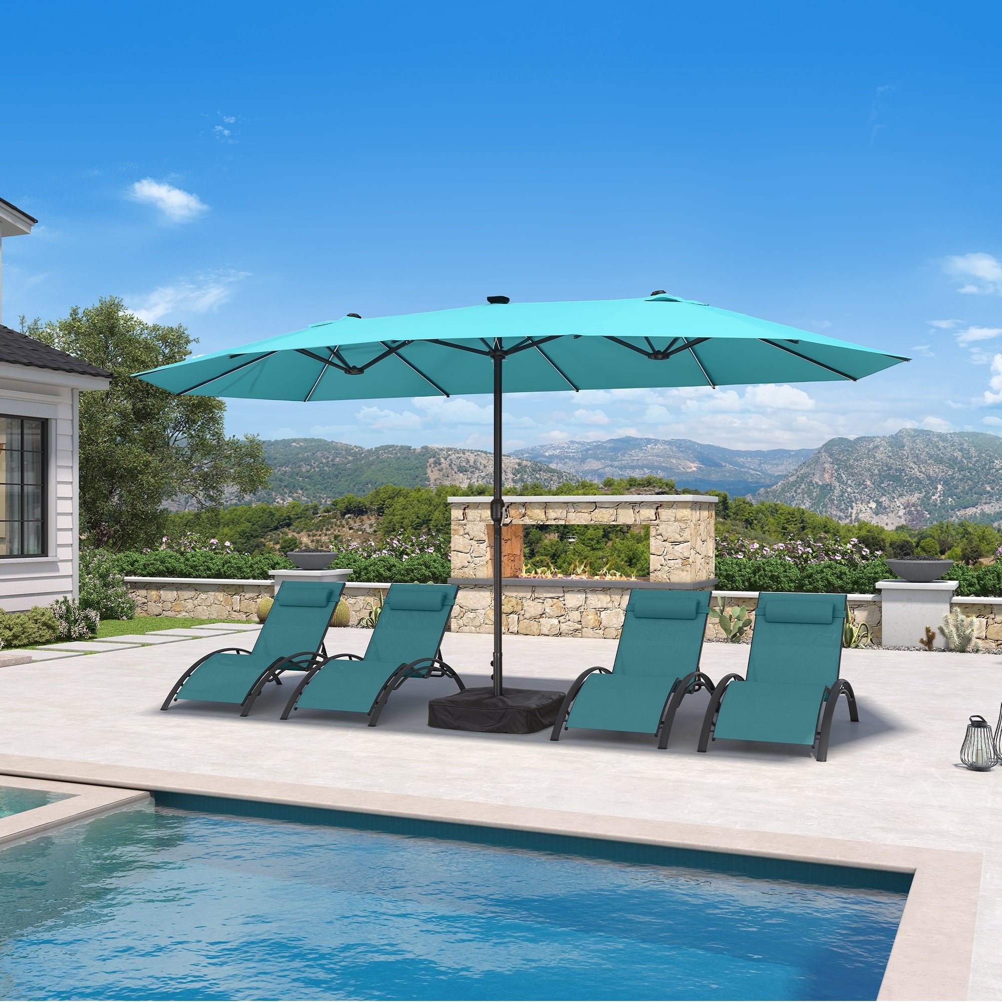 PURPLE LEAF 13ft Market Patio Umbrella with Solar LED and Base Double-Sided Sun Umbrellas for Pool Beach Deck Backyard Taupe
