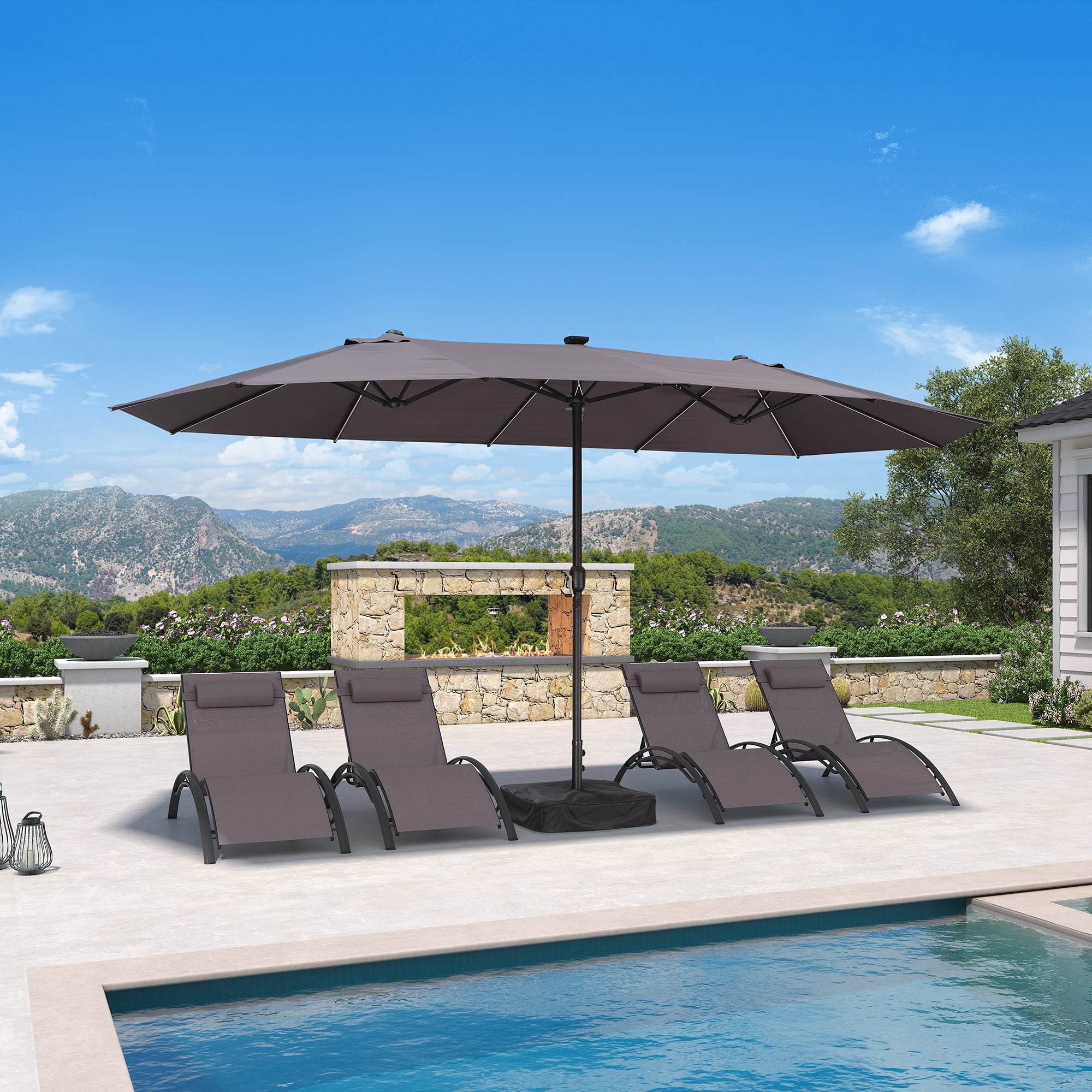 PURPLE LEAF 13ft Market Patio Umbrella with Solar LED and Base Double-Sided Sun Umbrellas for Pool Beach Deck Backyard Taupe